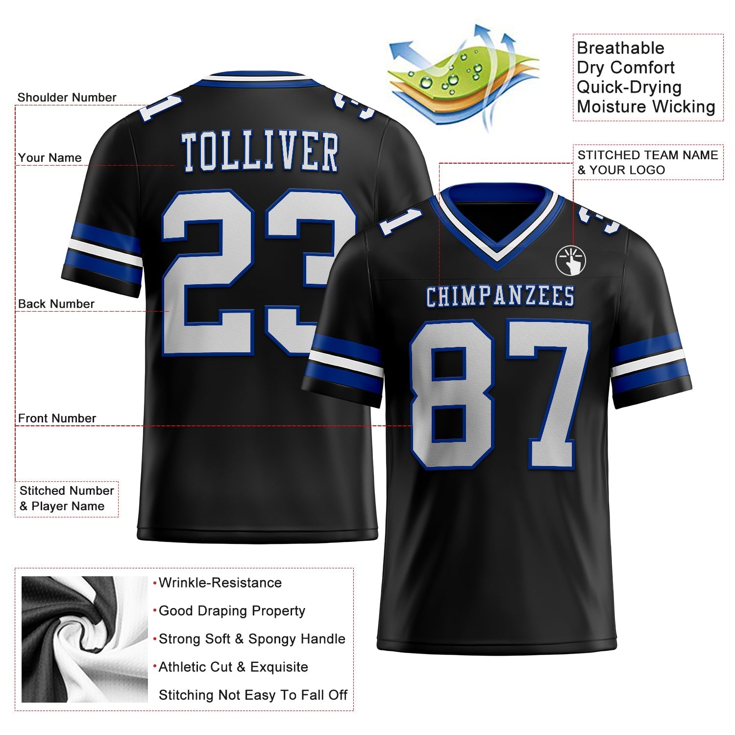 Custom Black White-Royal Authentic Football Jersey view 2