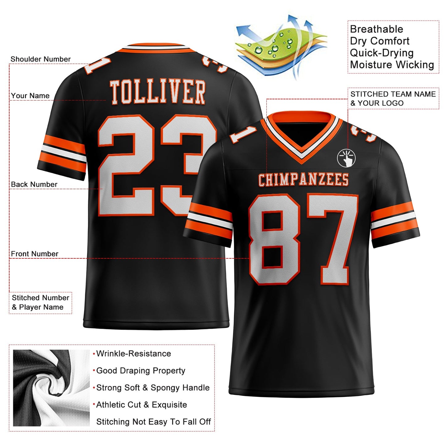 Custom Black White-Orange Authentic Football Jersey view 2