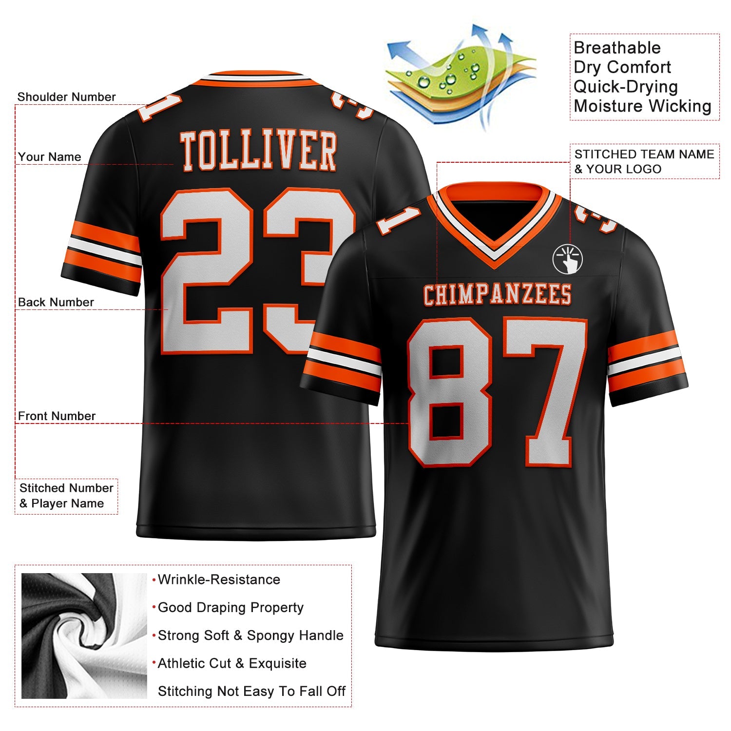 Custom Black White-Orange Authentic Football Jersey view 2