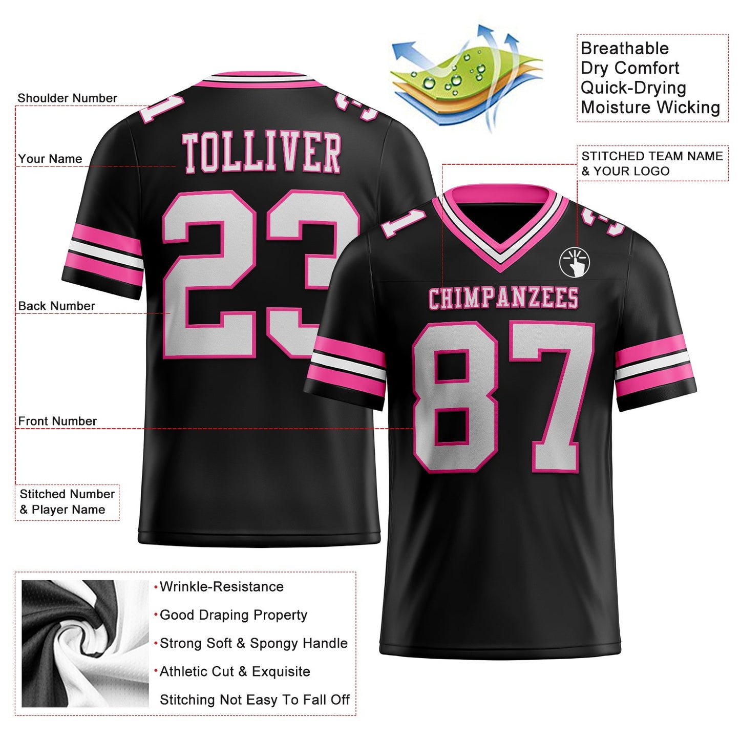Custom Black White-Pink Authentic Football Jersey view 2