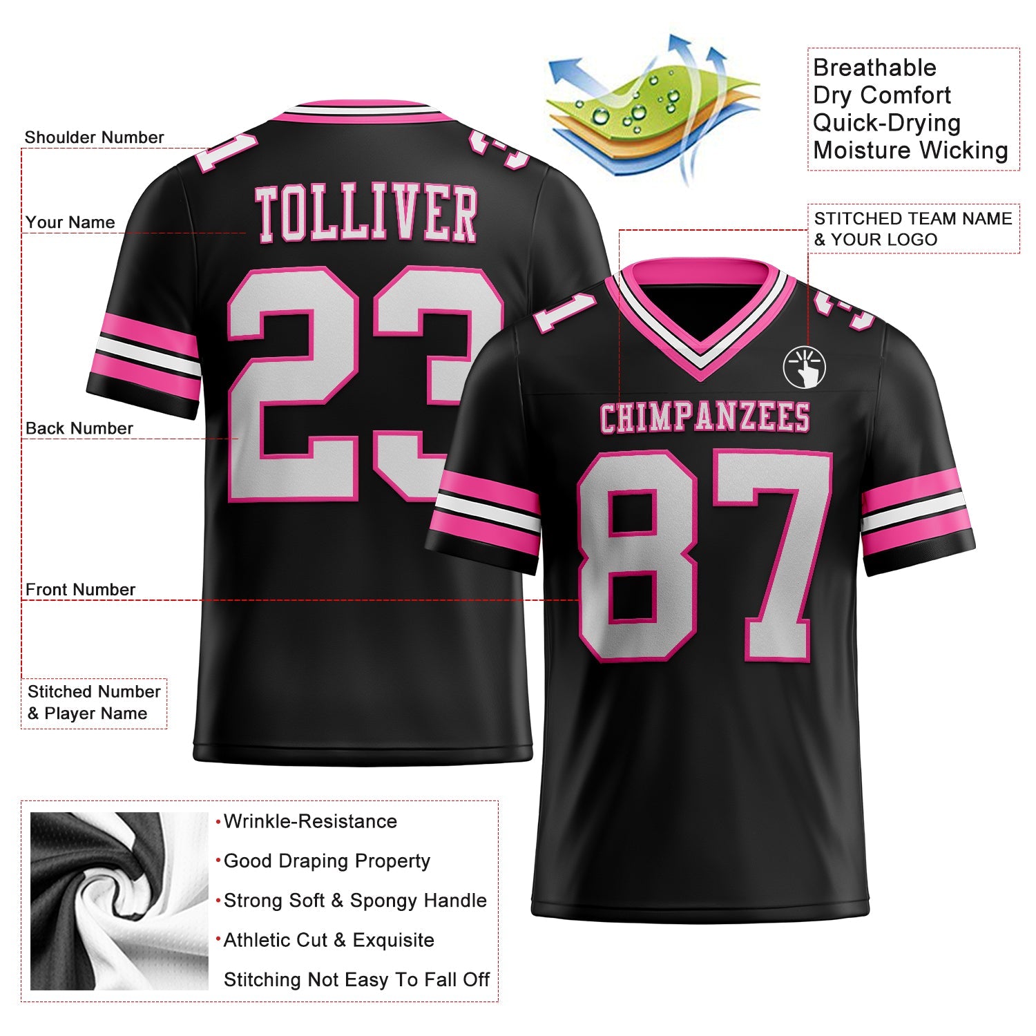 Custom Black White-Pink Authentic Football Jersey view 2
