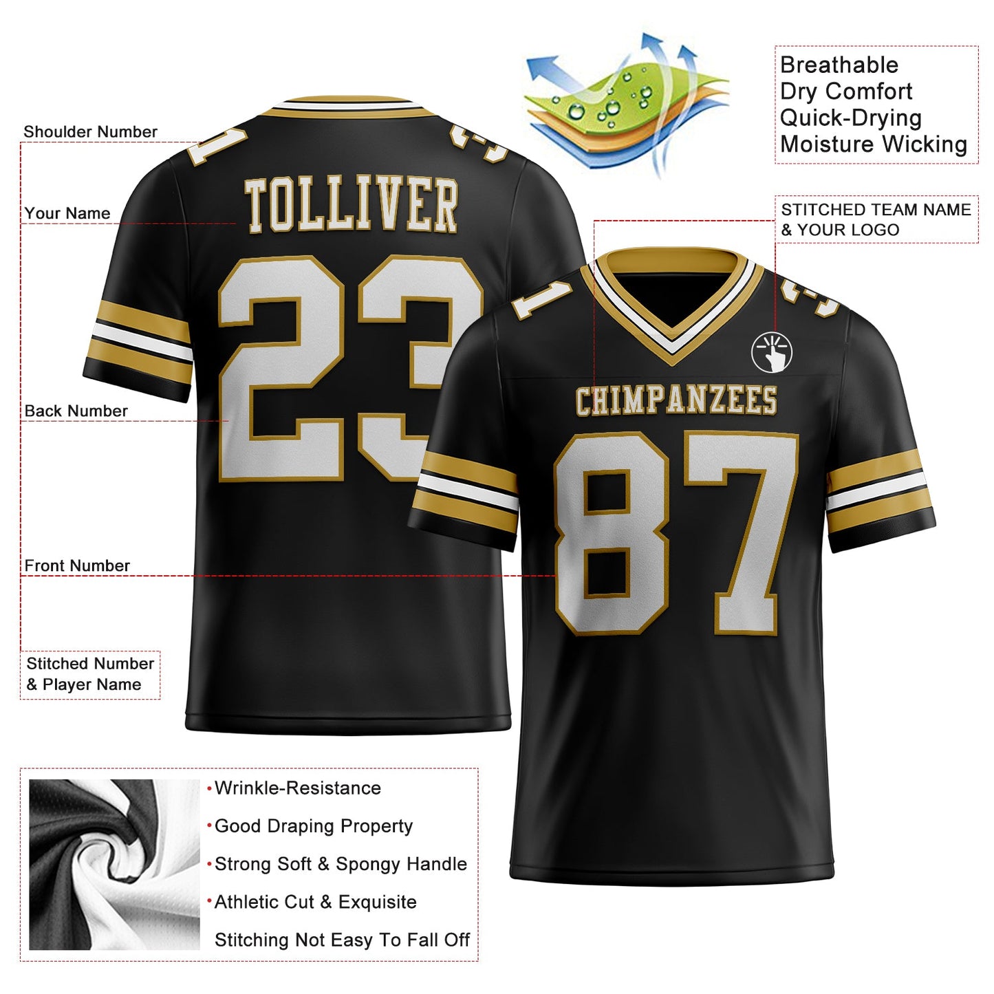Custom Black White-Old Gold Authentic Football Jersey view 2