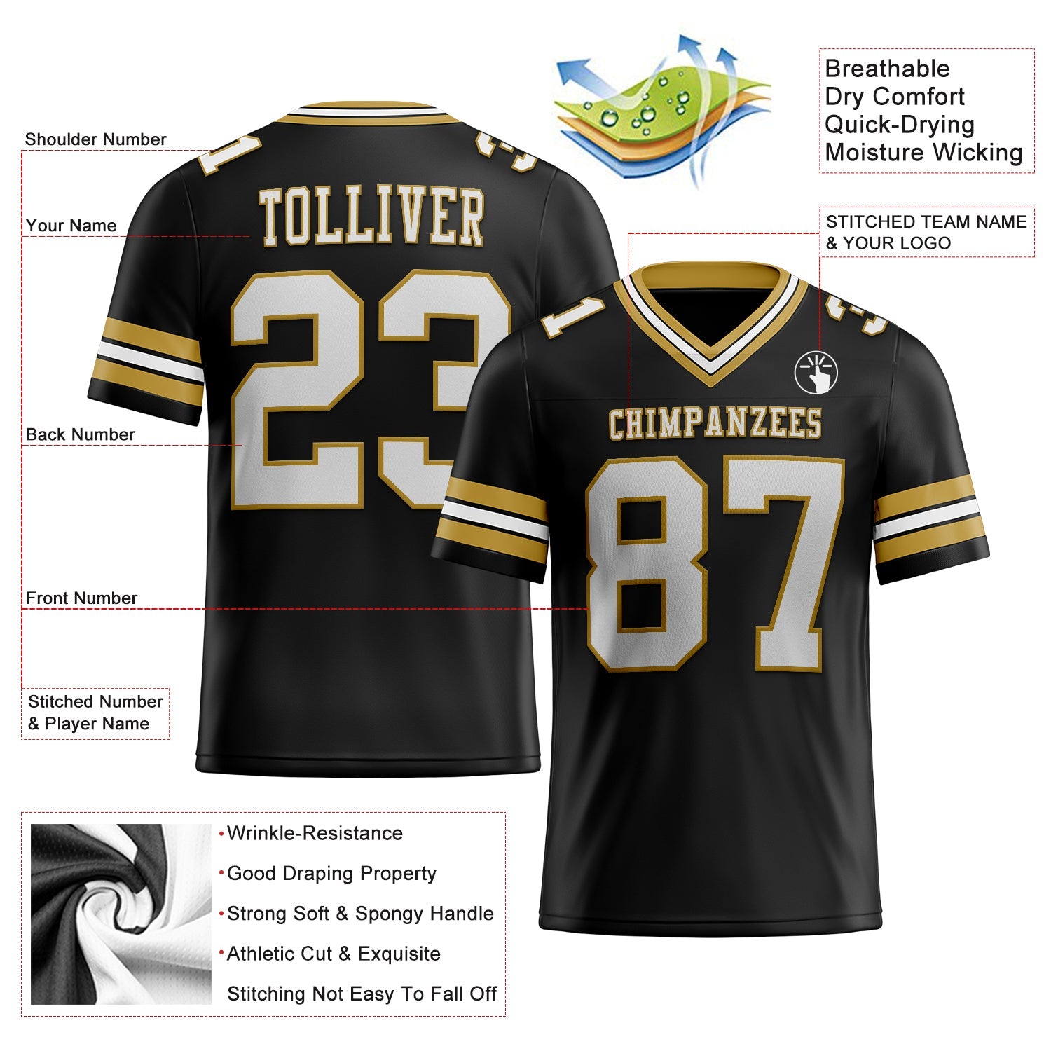 Custom Black White-Old Gold Authentic Football Jersey view 2