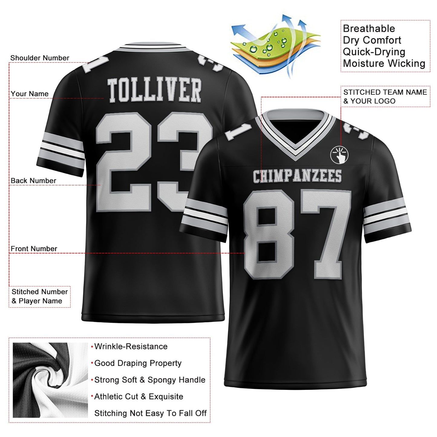 Custom Black White-Gray Authentic Football Jersey view 2