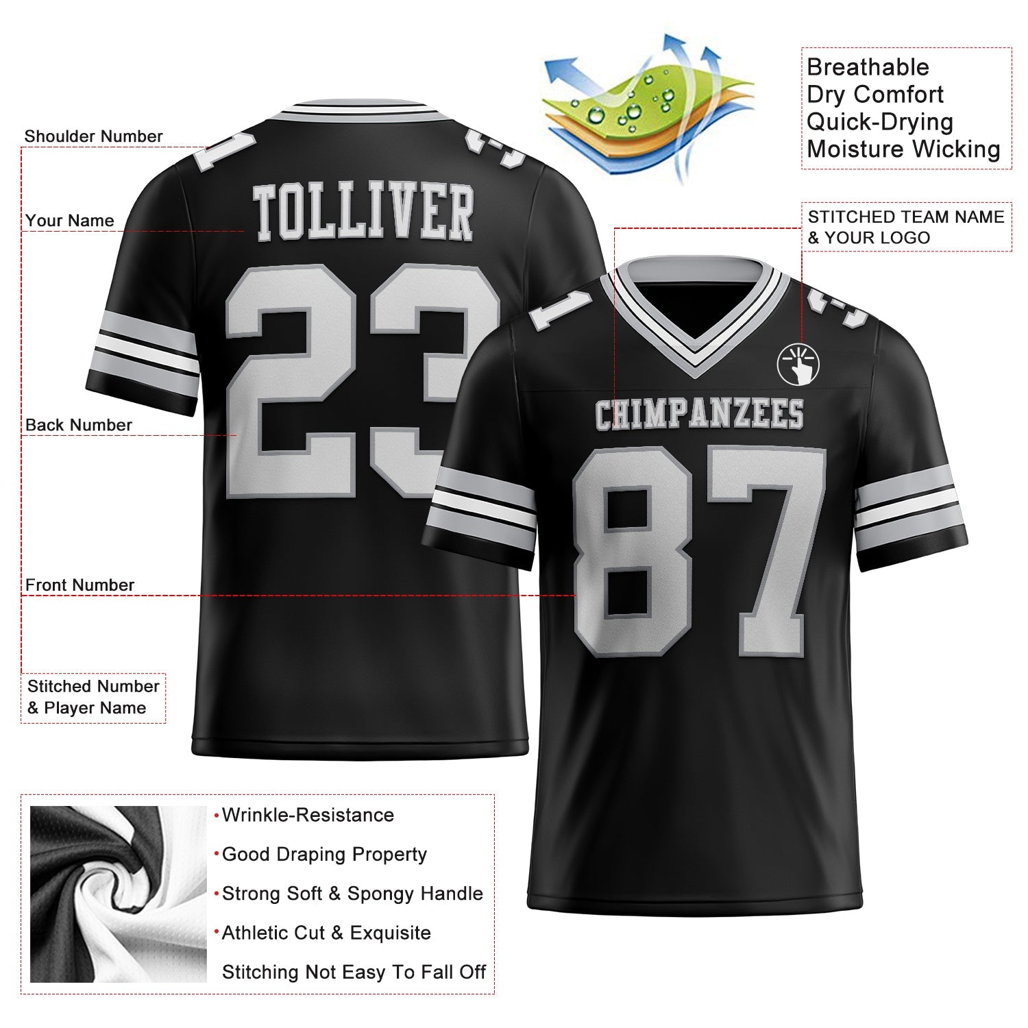 Custom Black White-Gray Authentic Football Jersey view 2