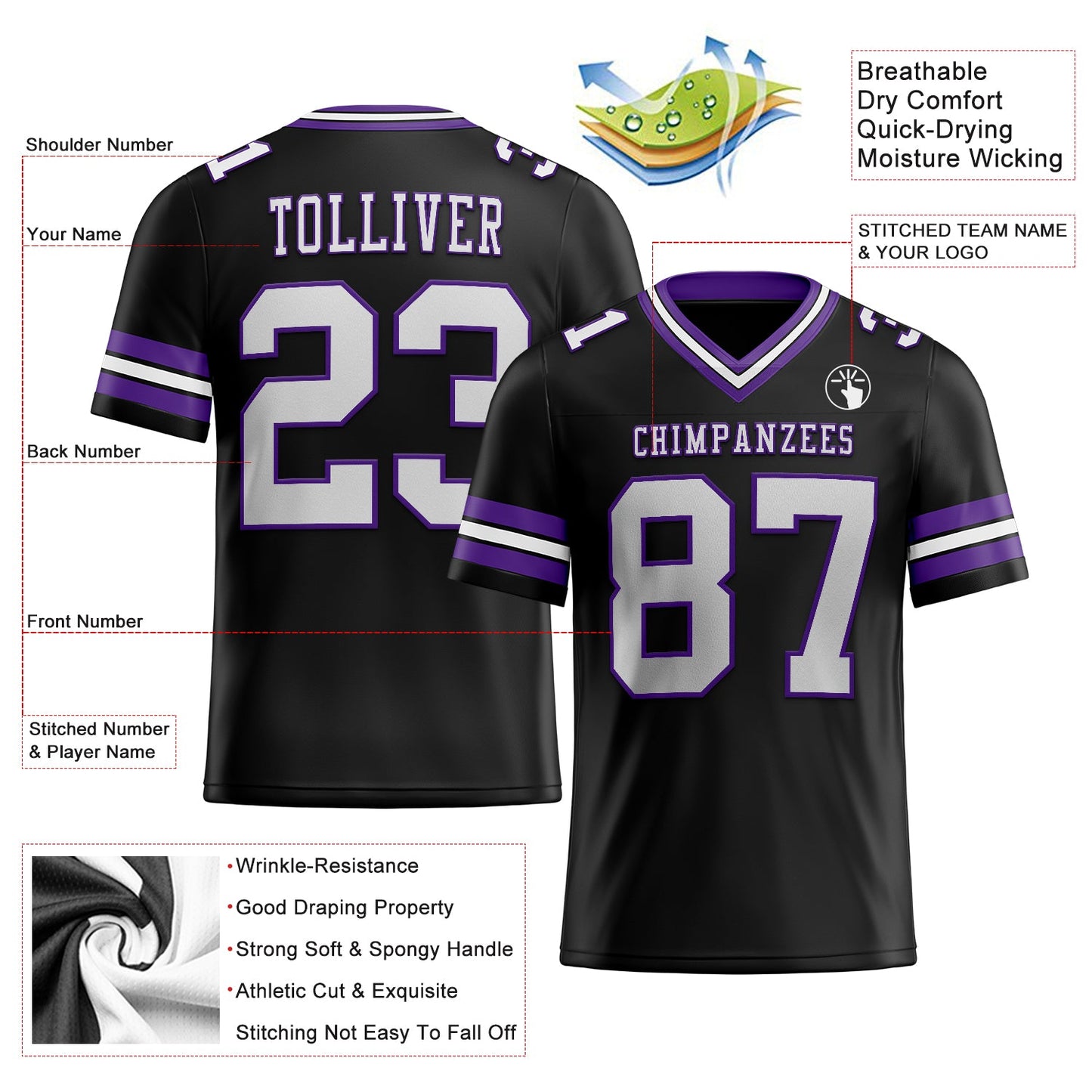 Custom Black White-Purple Authentic Football Jersey view 2