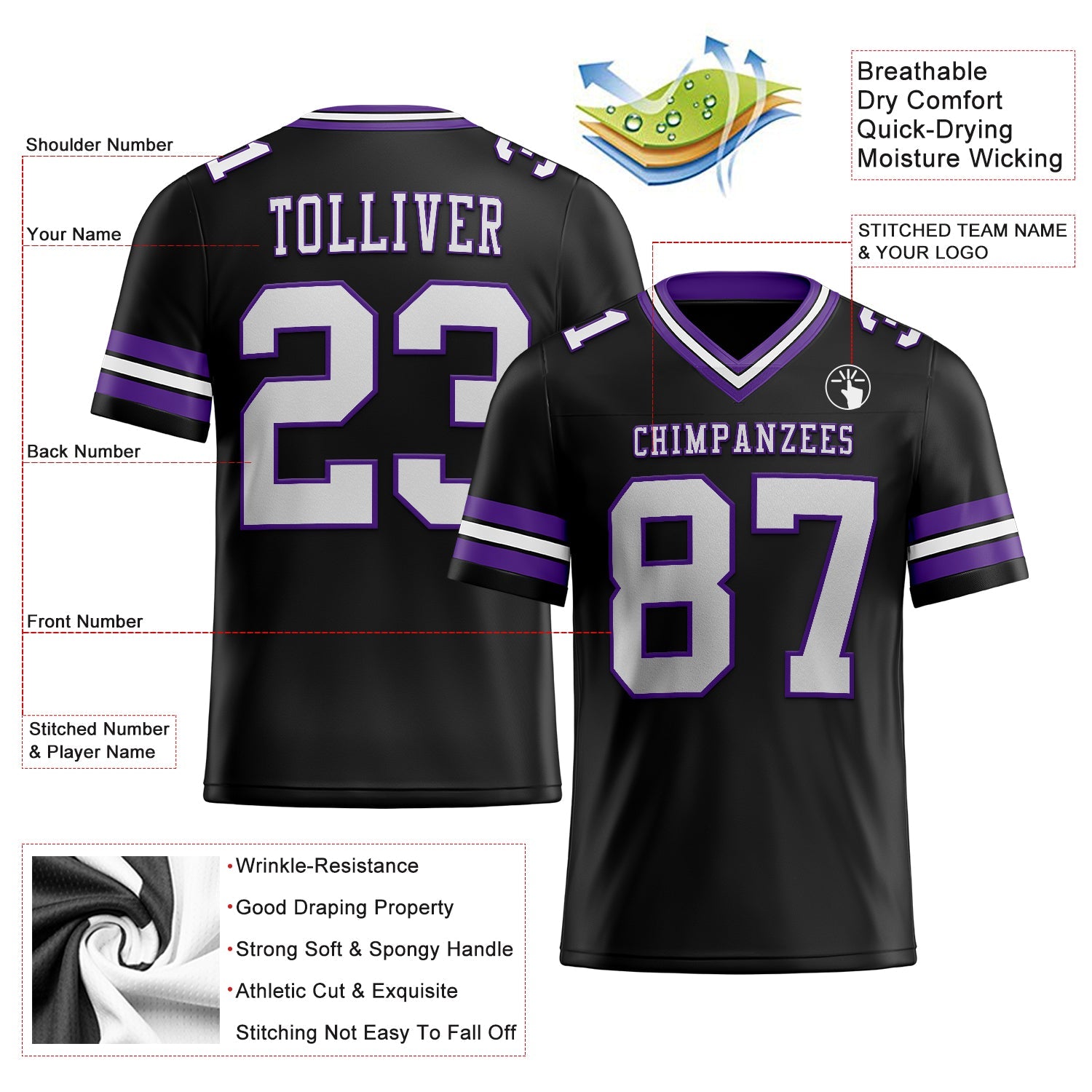Custom Black White-Purple Authentic Football Jersey view 2