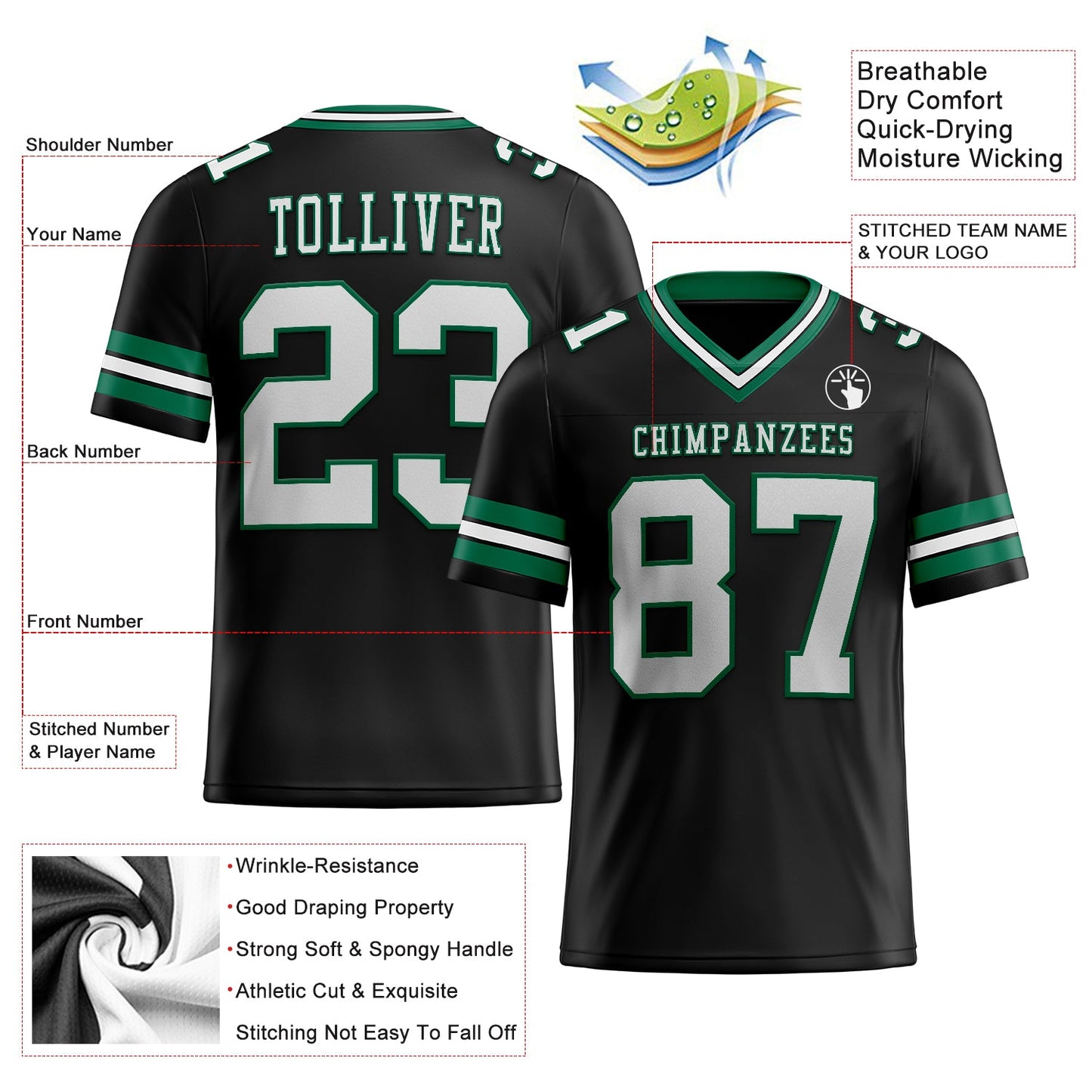 Custom Black White-Kelly Green Authentic Football Jersey view 2