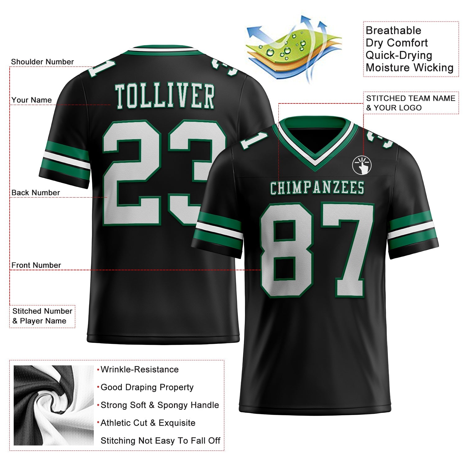 Custom Black White-Kelly Green Authentic Football Jersey view 2