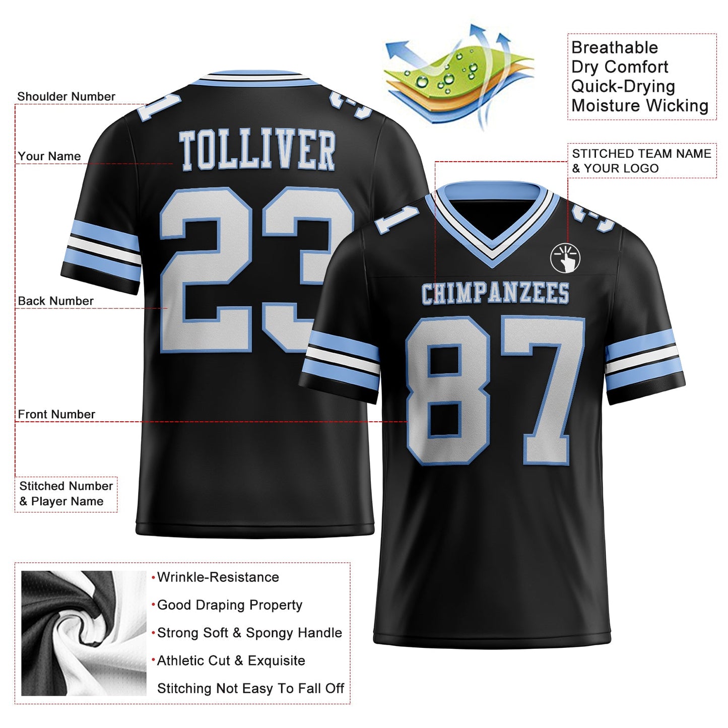 Custom Black White-Light Blue Authentic Football Jersey view 2