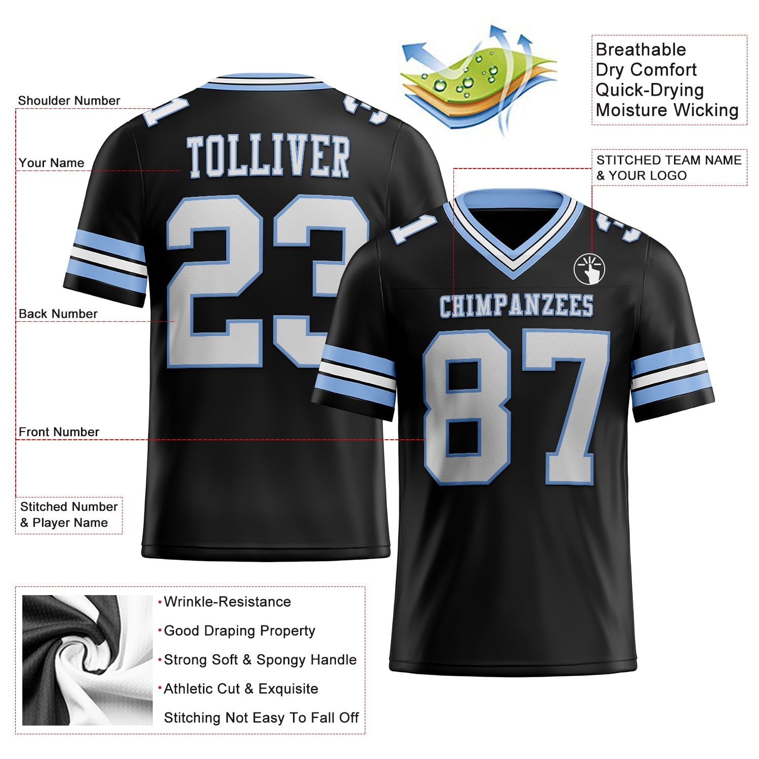 Custom Black White-Light Blue Authentic Football Jersey view 2
