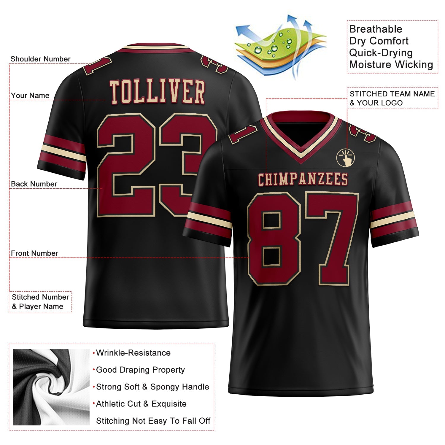 Custom Black Crimson-City Cream Authentic Football Jersey view 2