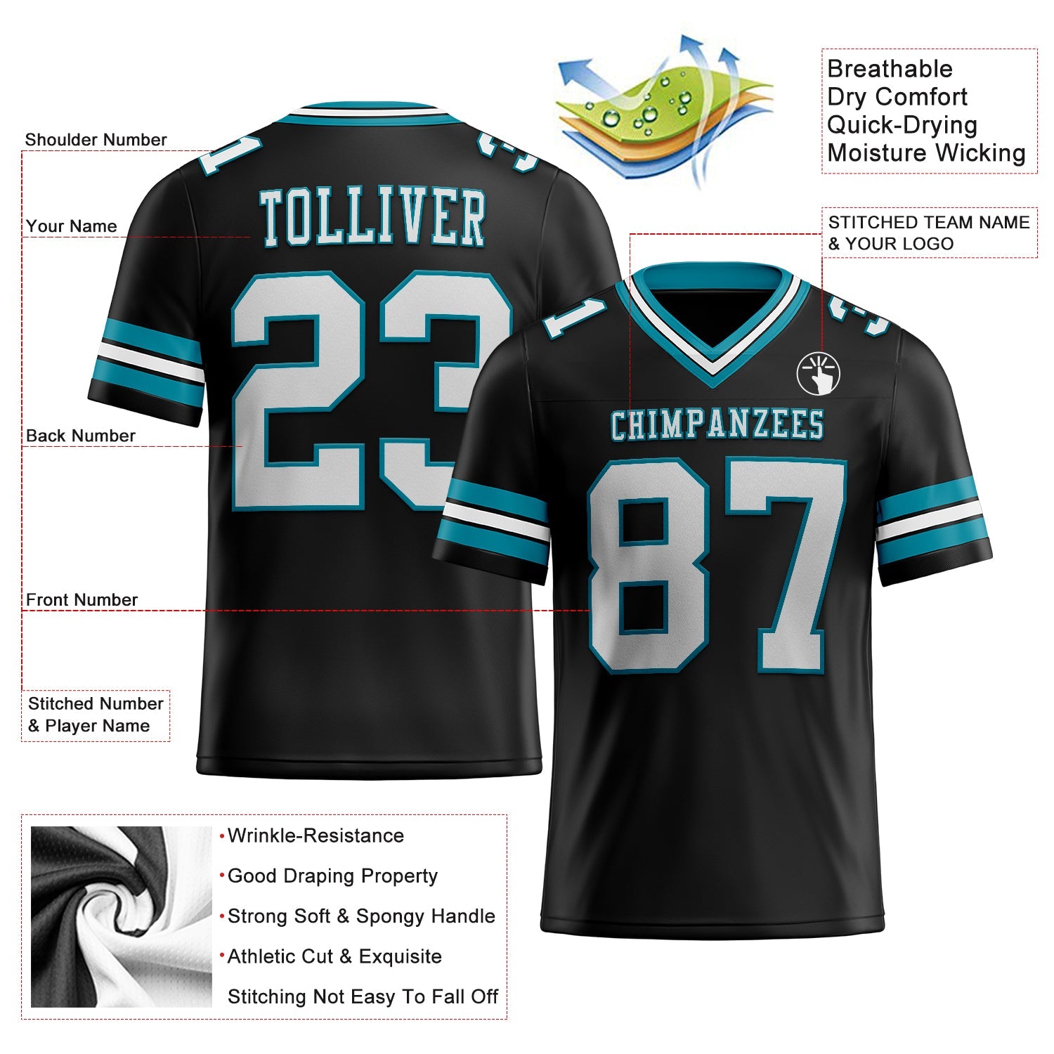 Custom Black White-Teal Authentic Football Jersey view 2