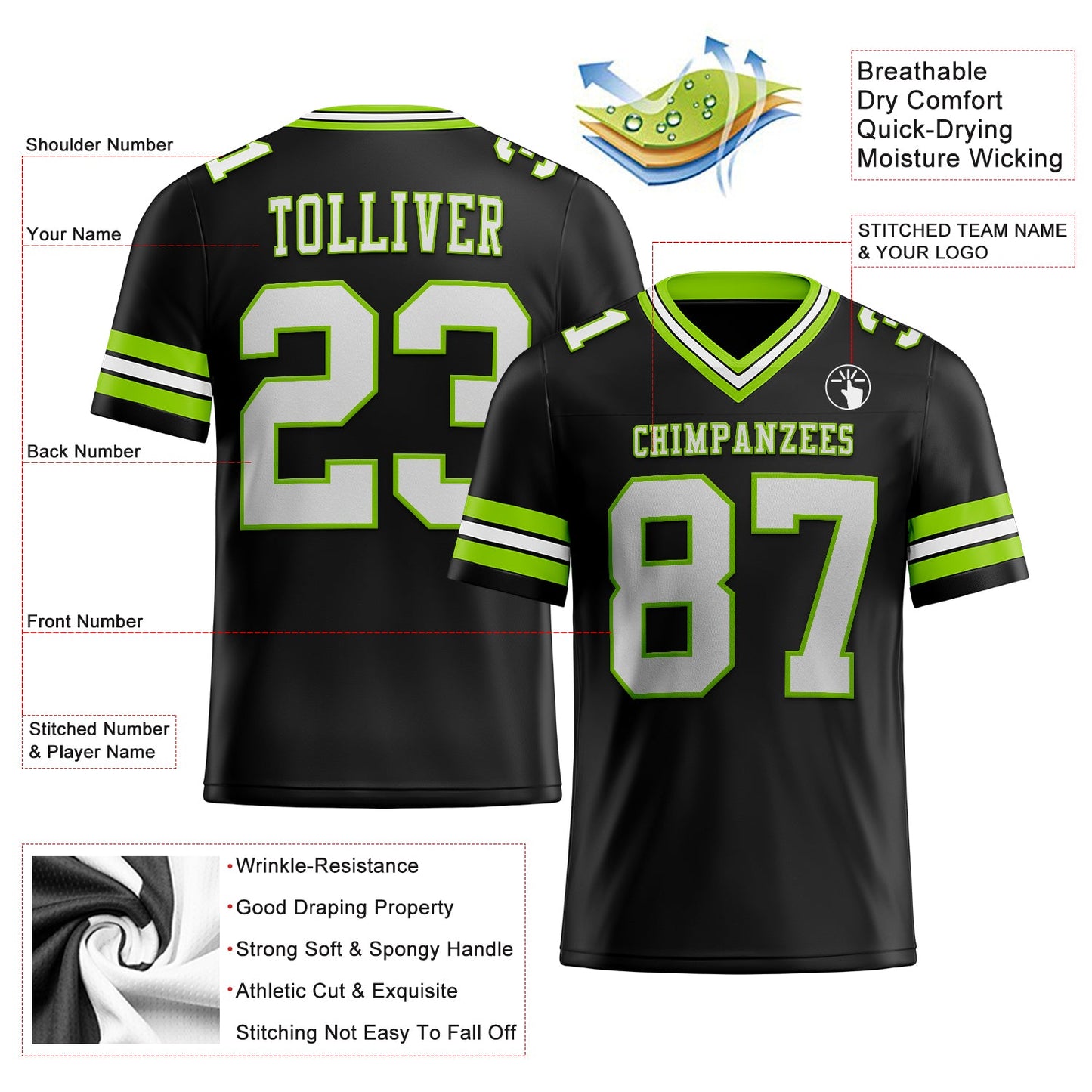 Custom Black White-Neon Green Authentic Football Jersey view 2