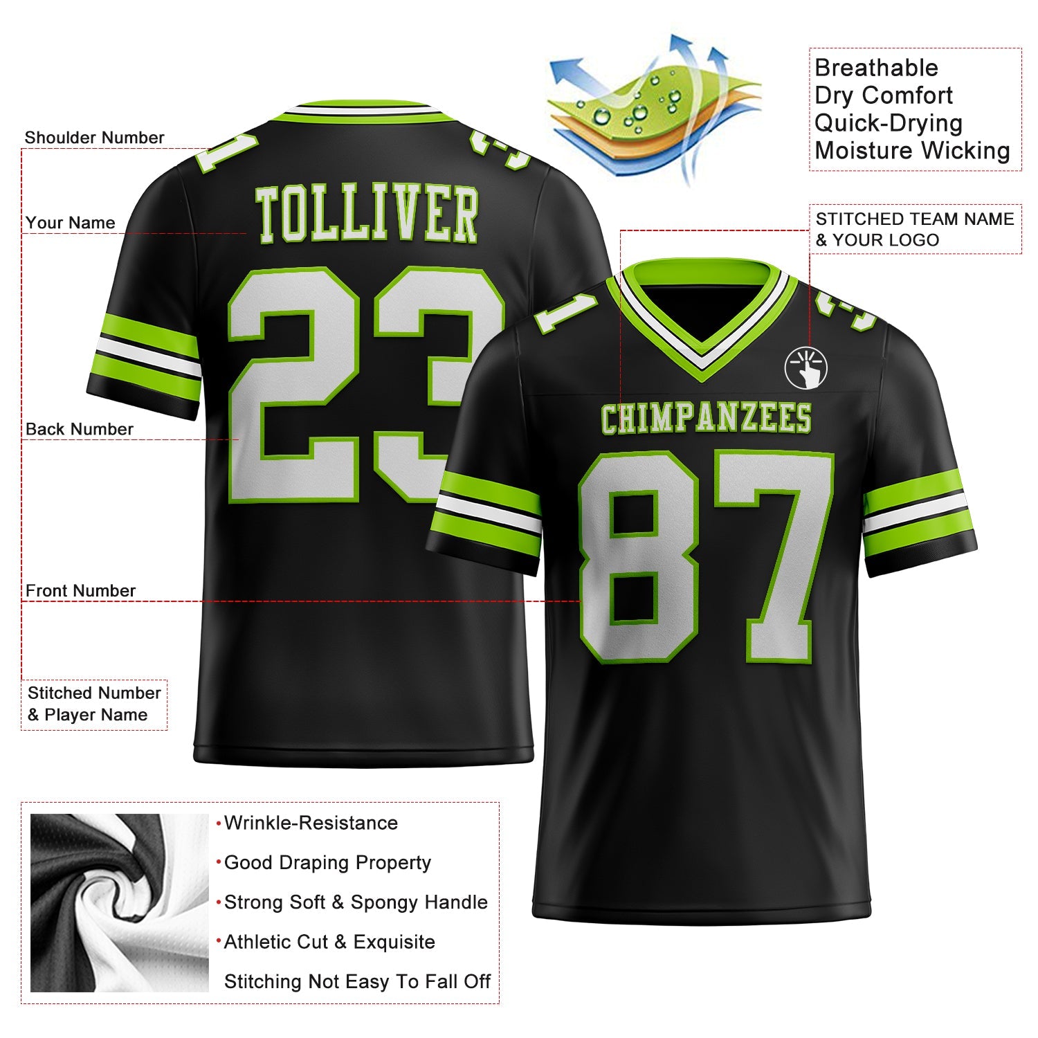 Custom Black White-Neon Green Authentic Football Jersey view 2