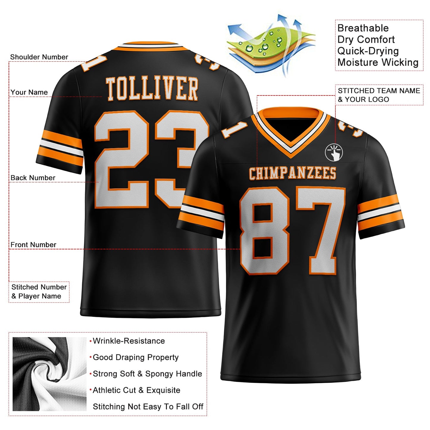 Custom Black White-Bay Orange Authentic Football Jersey view 2