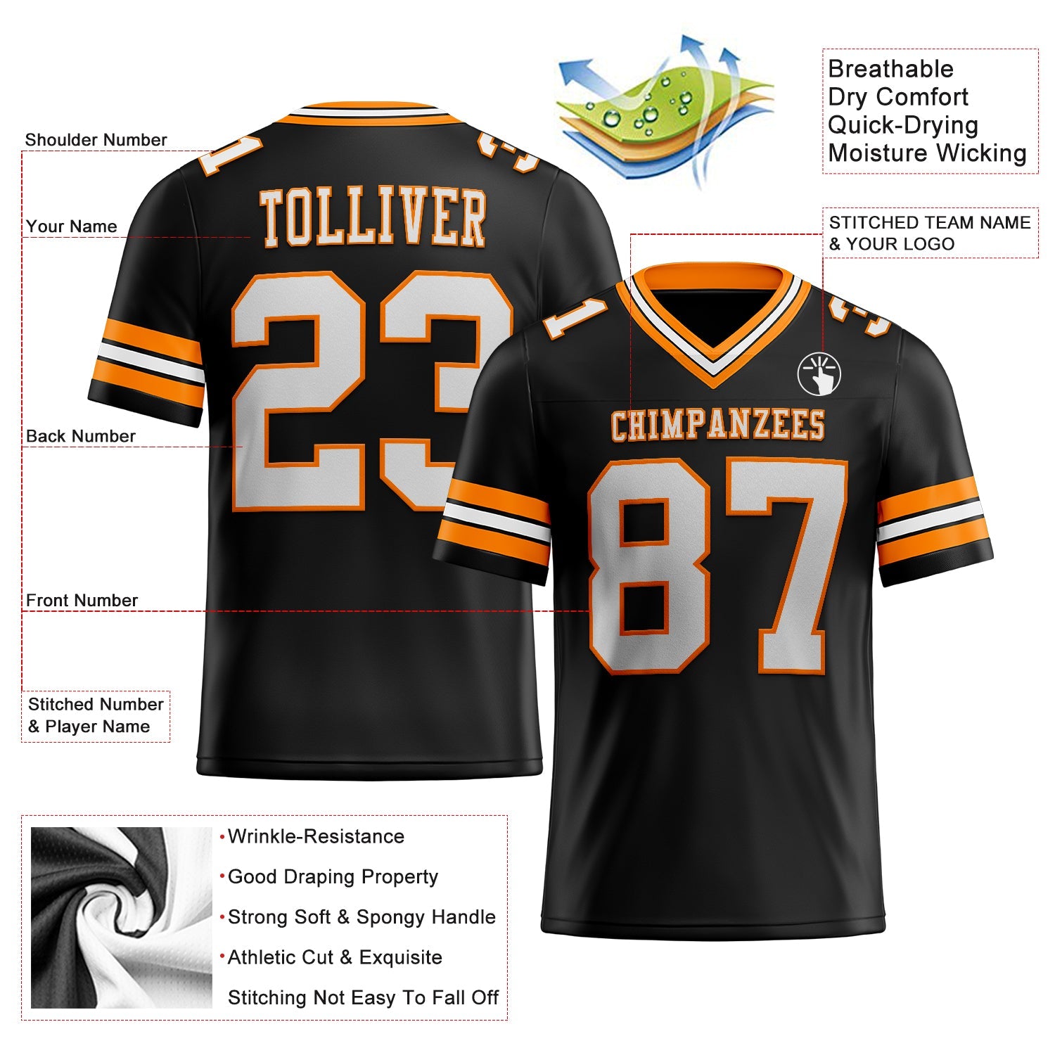 Custom Black White-Bay Orange Authentic Football Jersey view 2