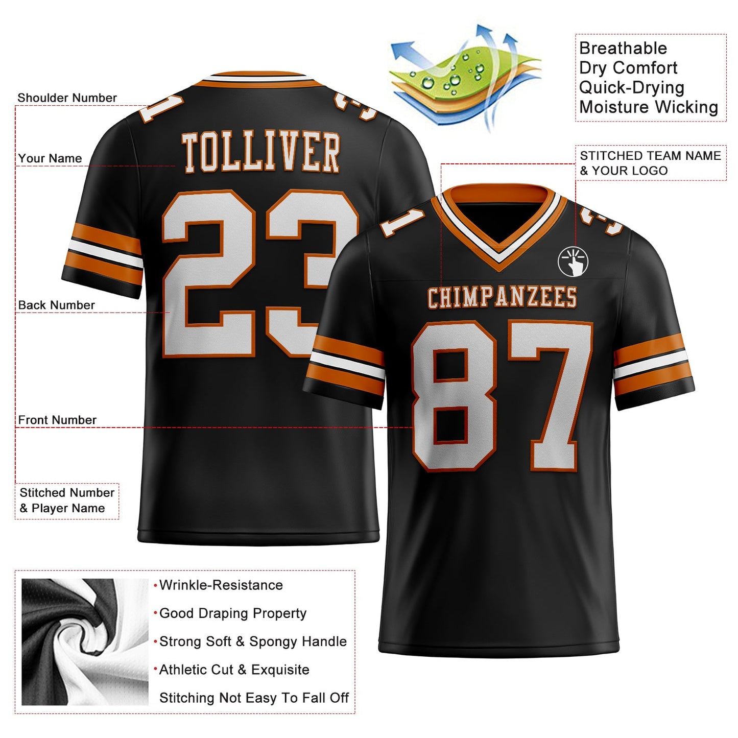 Custom Black White-Texas Orange Authentic Football Jersey view 2