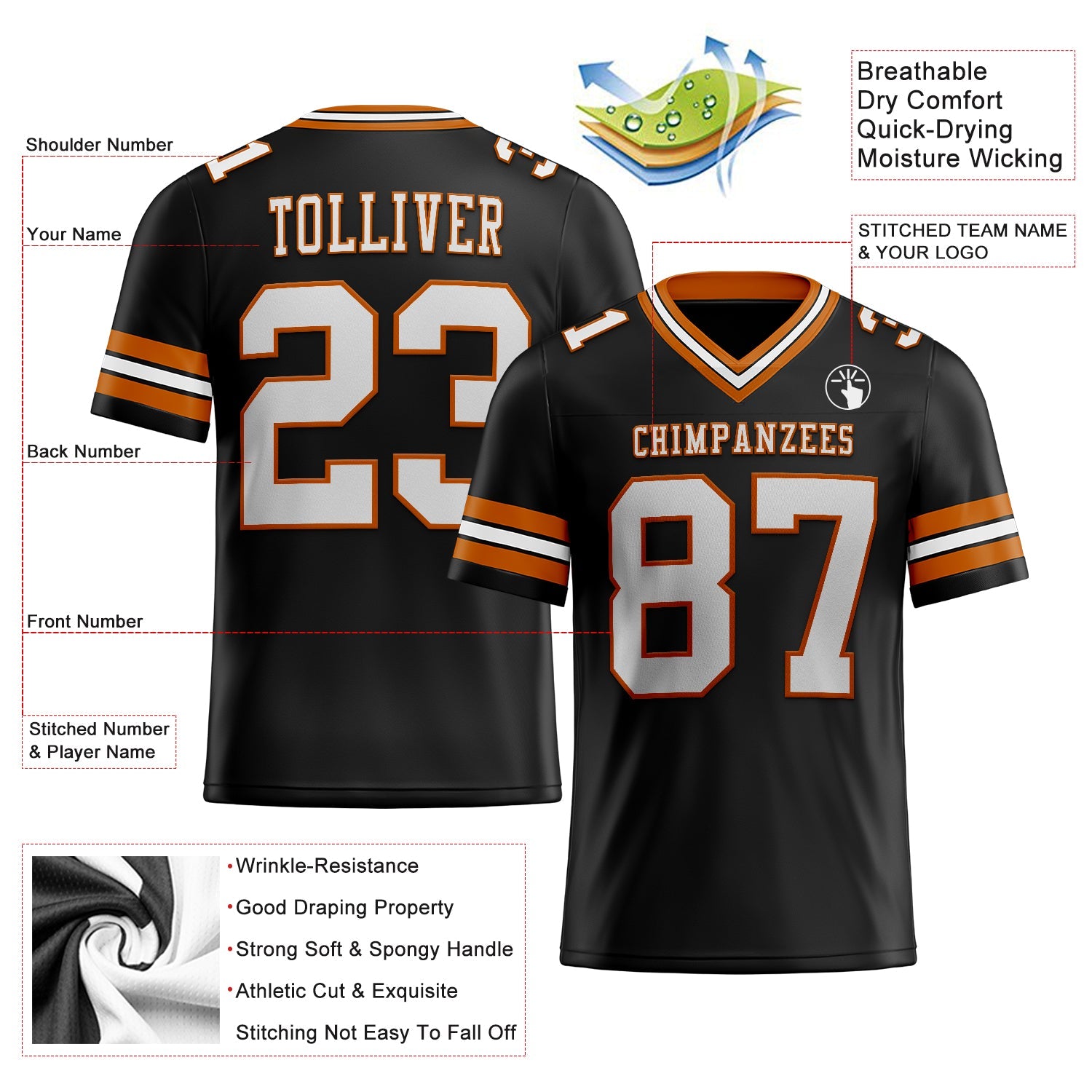 Custom Black White-Texas Orange Authentic Football Jersey view 2