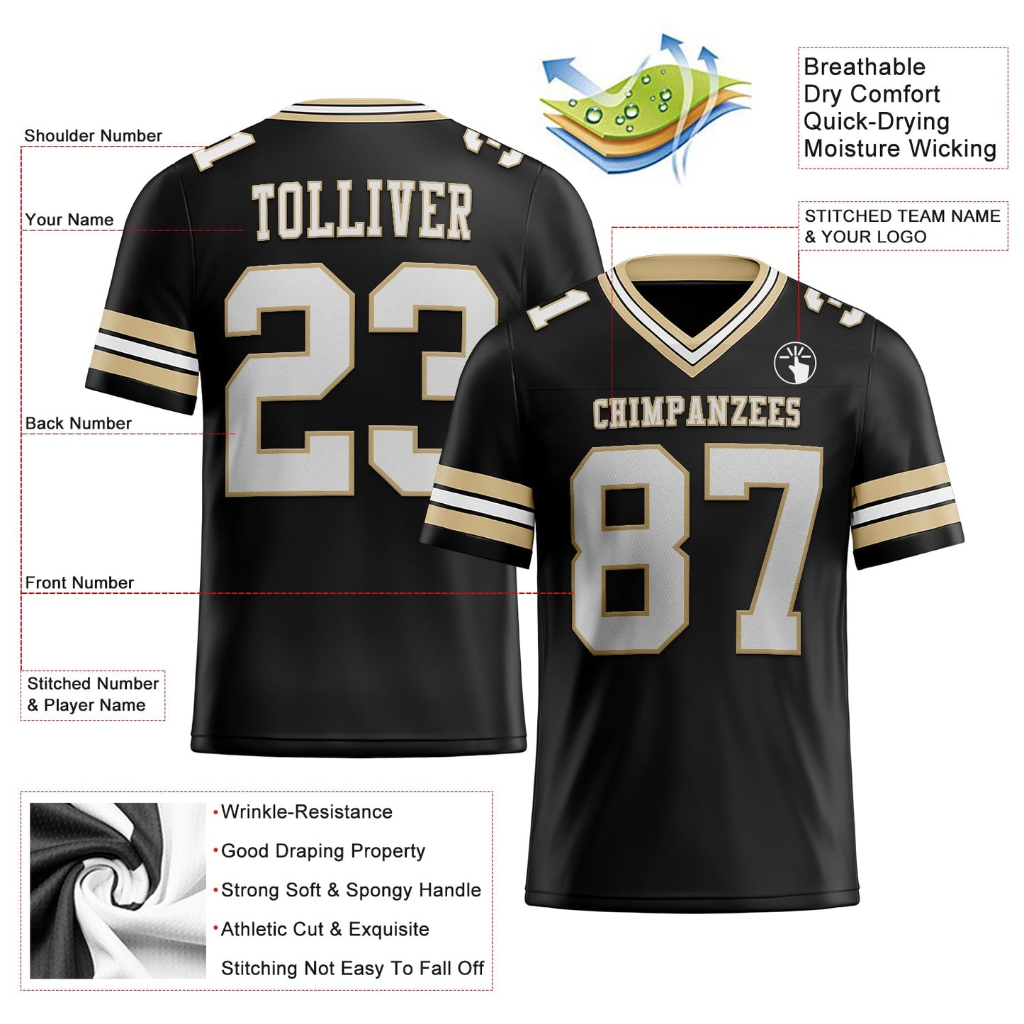 Custom Black White-Vegas Gold Authentic Football Jersey view 2
