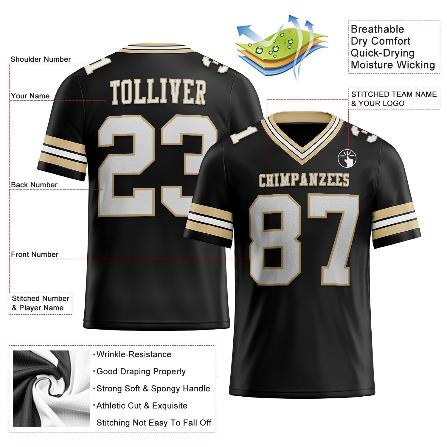 Custom Black White-Vegas Gold Authentic Football Jersey view 2
