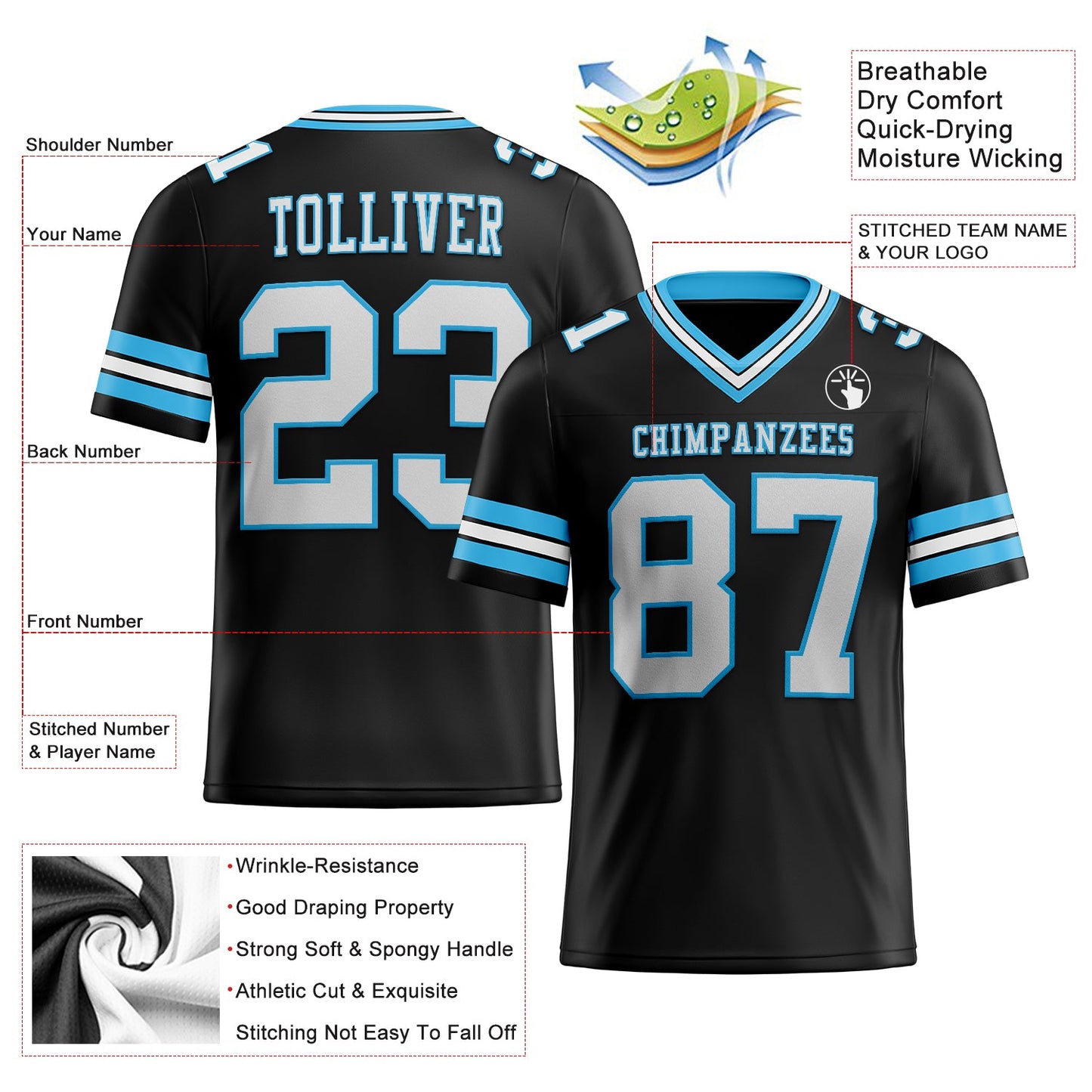 Custom Black White-Sky Blue Authentic Football Jersey view 2