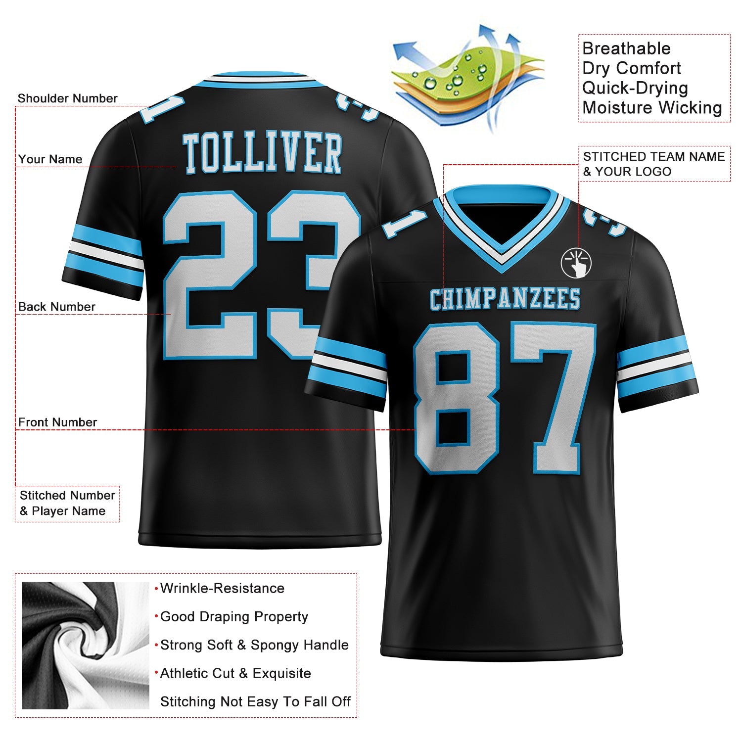 Custom Black White-Sky Blue Authentic Football Jersey view 2
