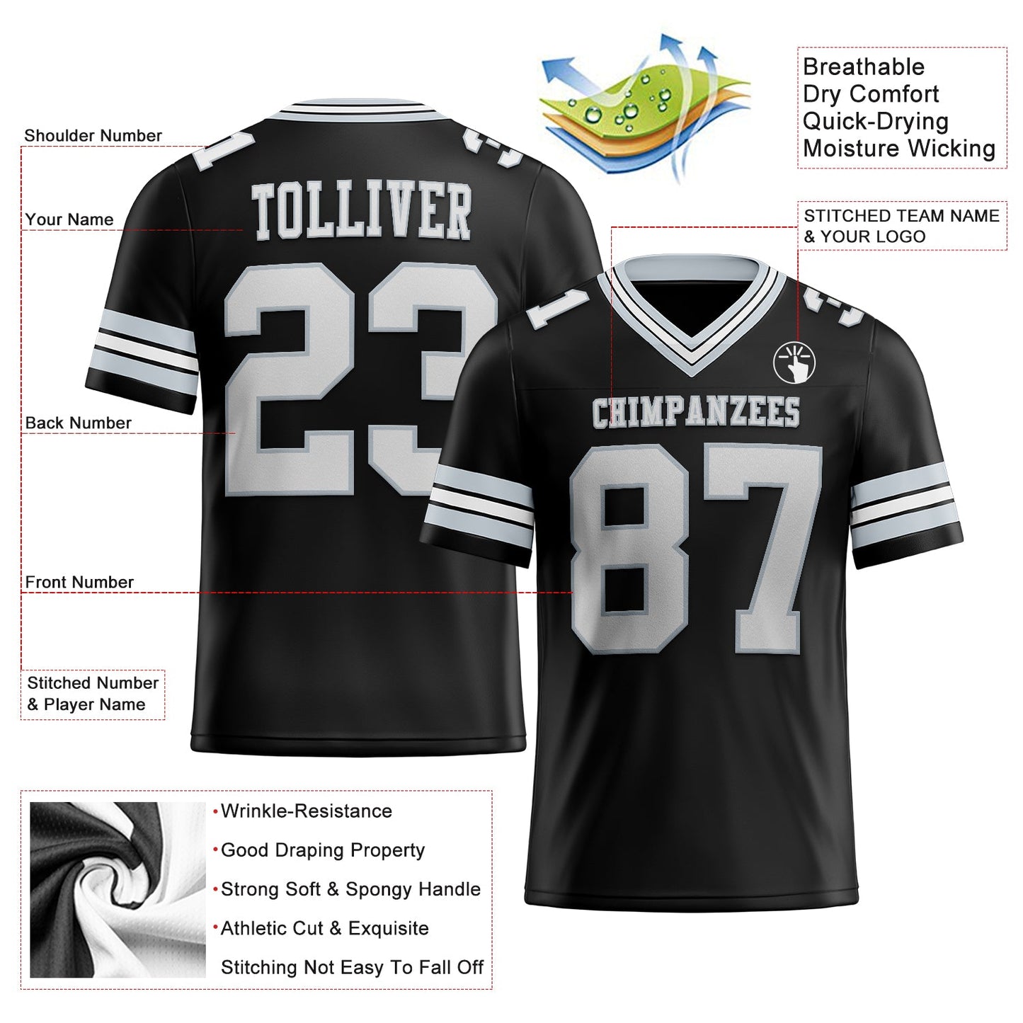Custom Black White-Silver Authentic Football Jersey view 2