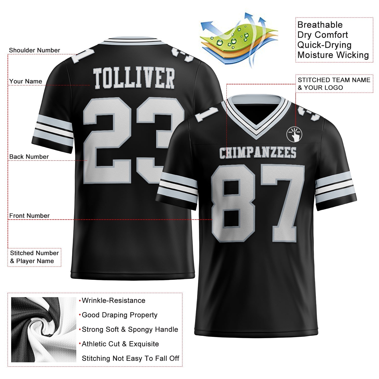 Custom Black White-Silver Authentic Football Jersey view 2