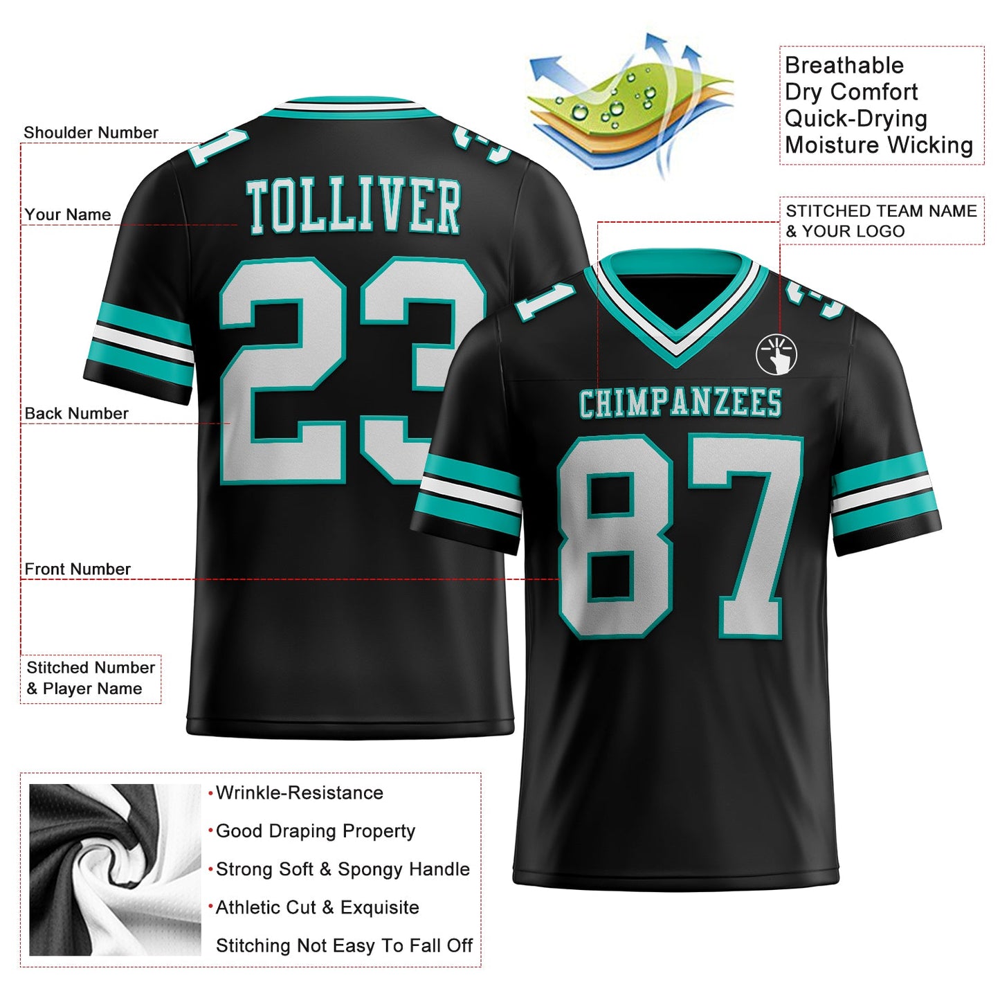 Custom Black White-Aqua Authentic Football Jersey view 2