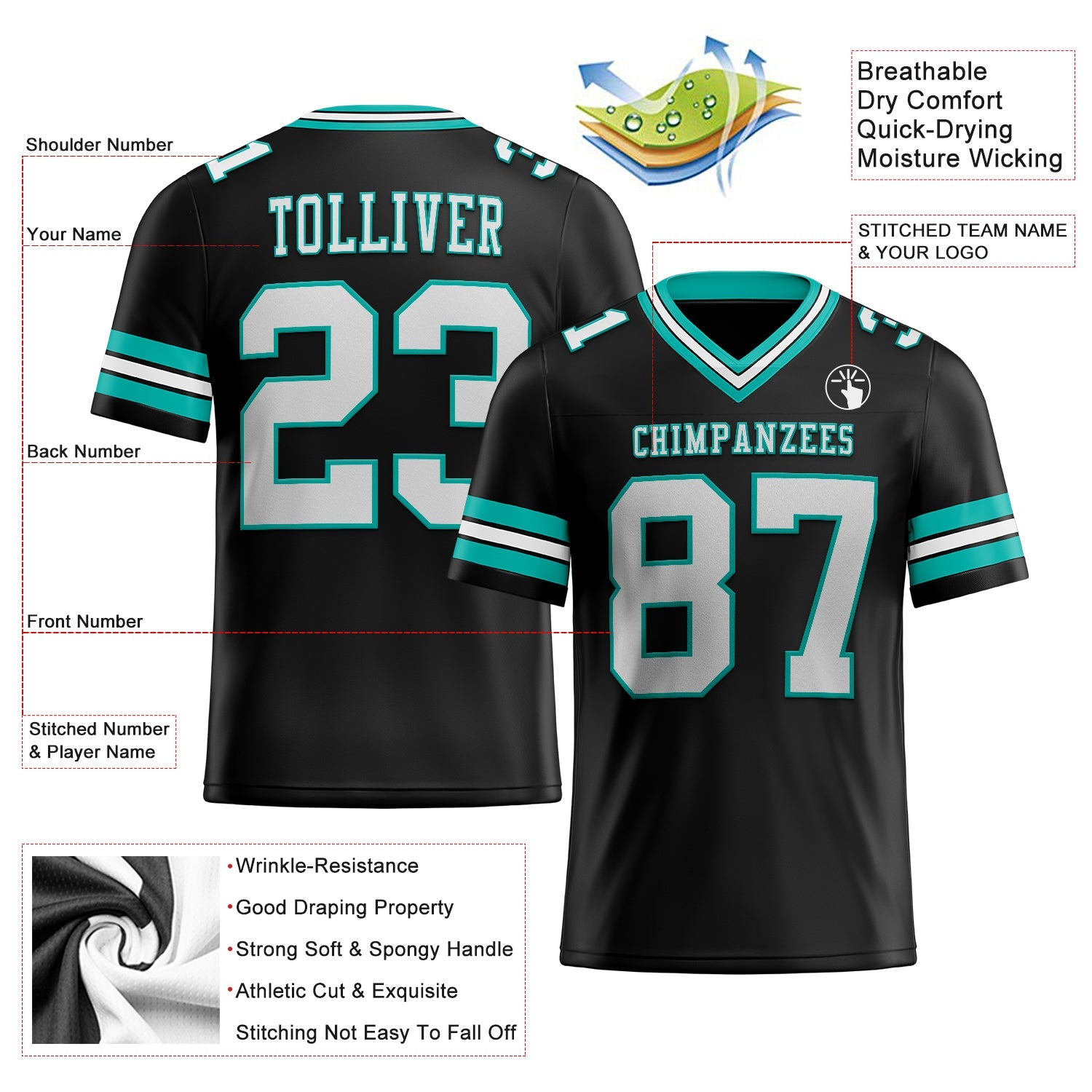 Custom Black White-Aqua Authentic Football Jersey view 2