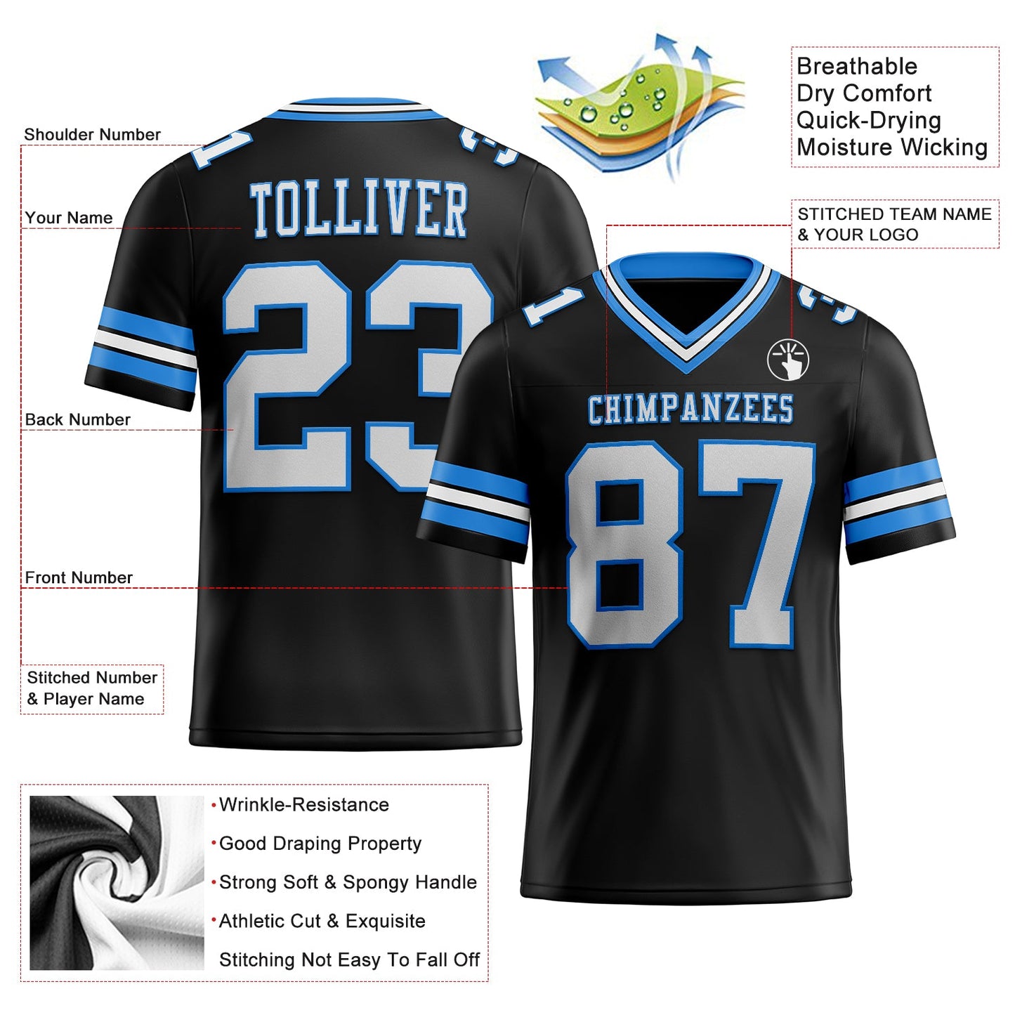 Custom Black White-Powder Blue Authentic Football Jersey view 2
