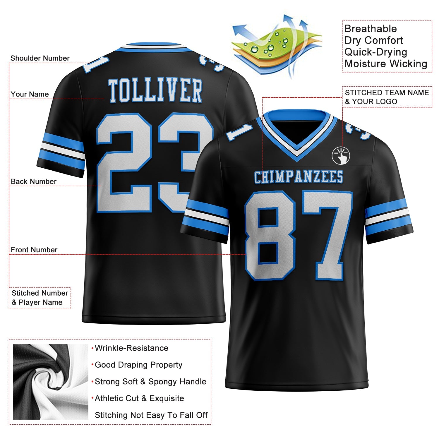 Custom Black White-Powder Blue Authentic Football Jersey view 2