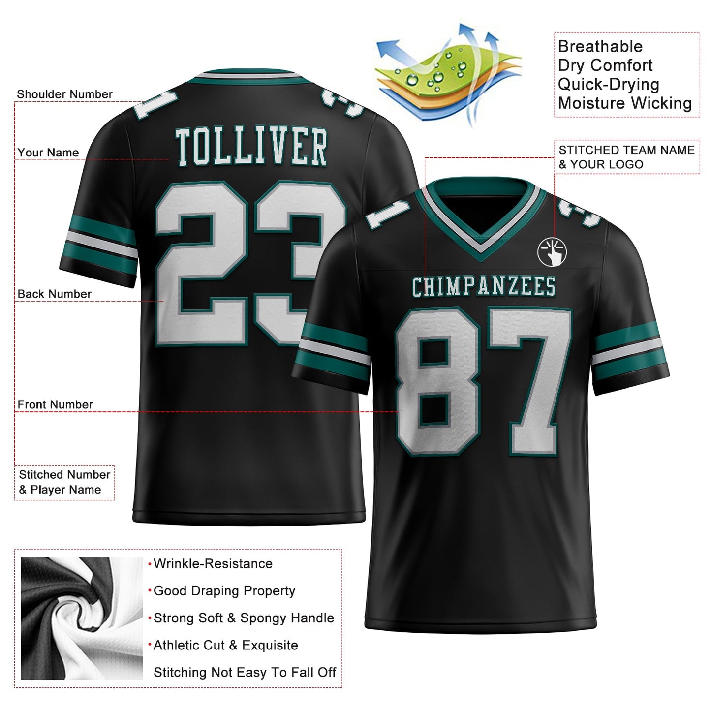 Custom Black White Gray-Midnight Green Authentic Football Jersey view 2