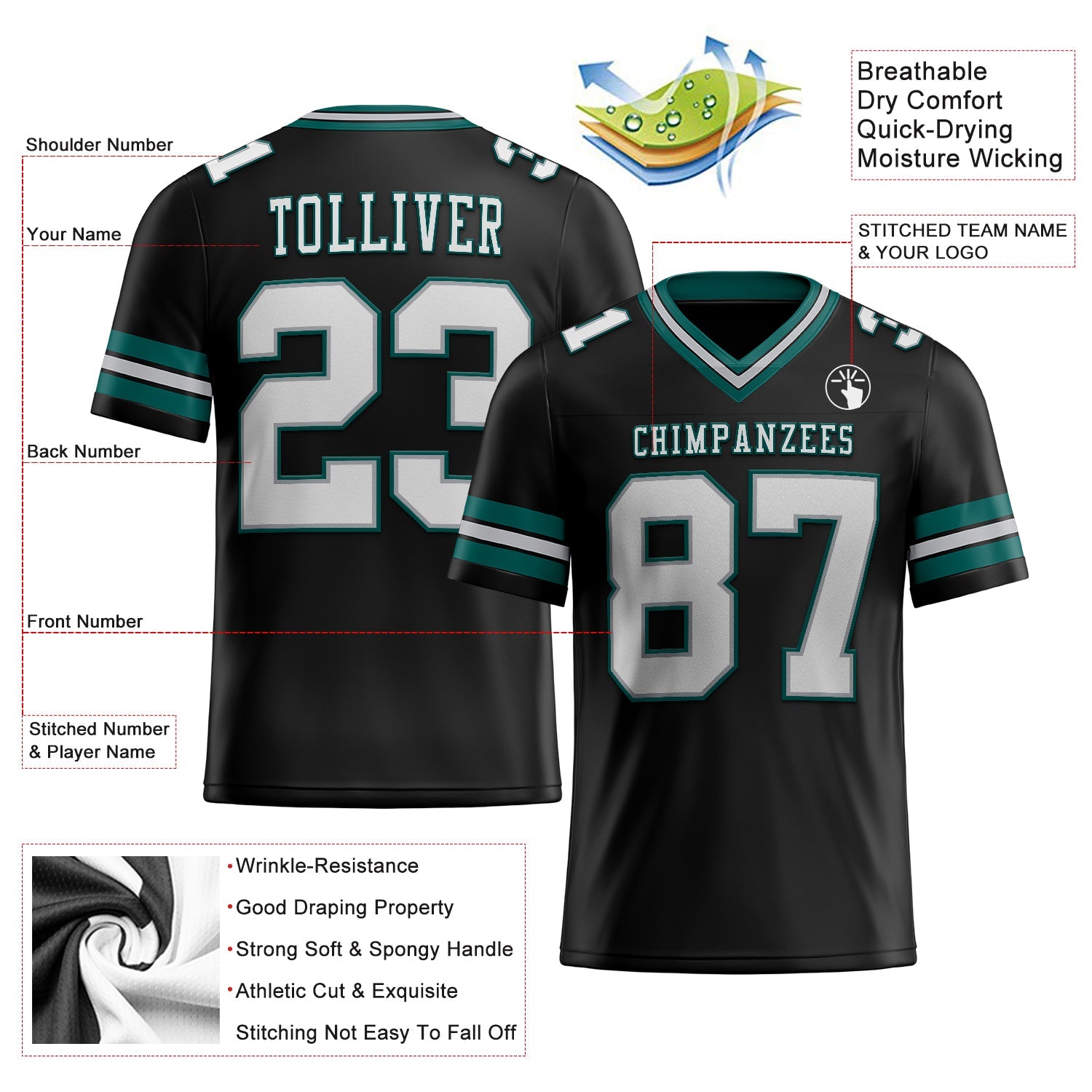 Custom Black White Gray-Midnight Green Authentic Football Jersey view 2