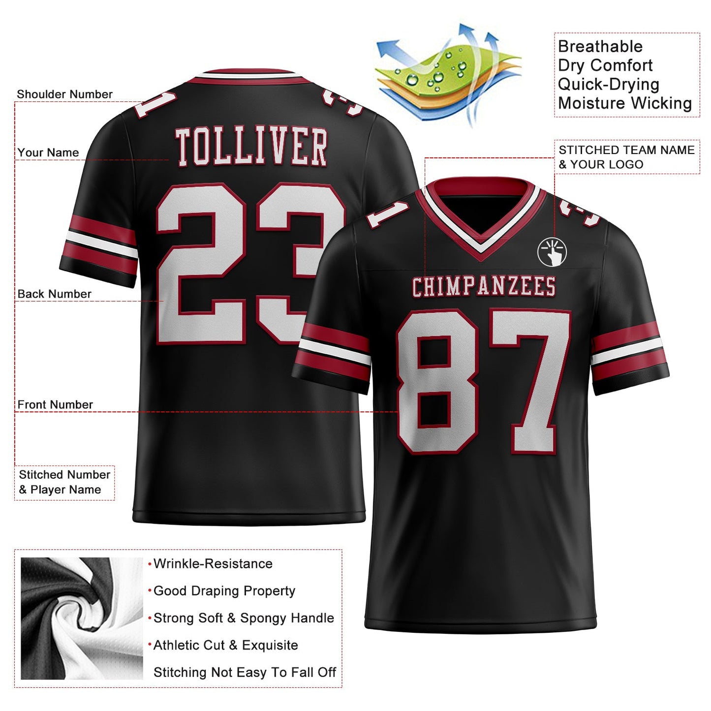 Custom Black White-Cardinal Authentic Football Jersey view 2