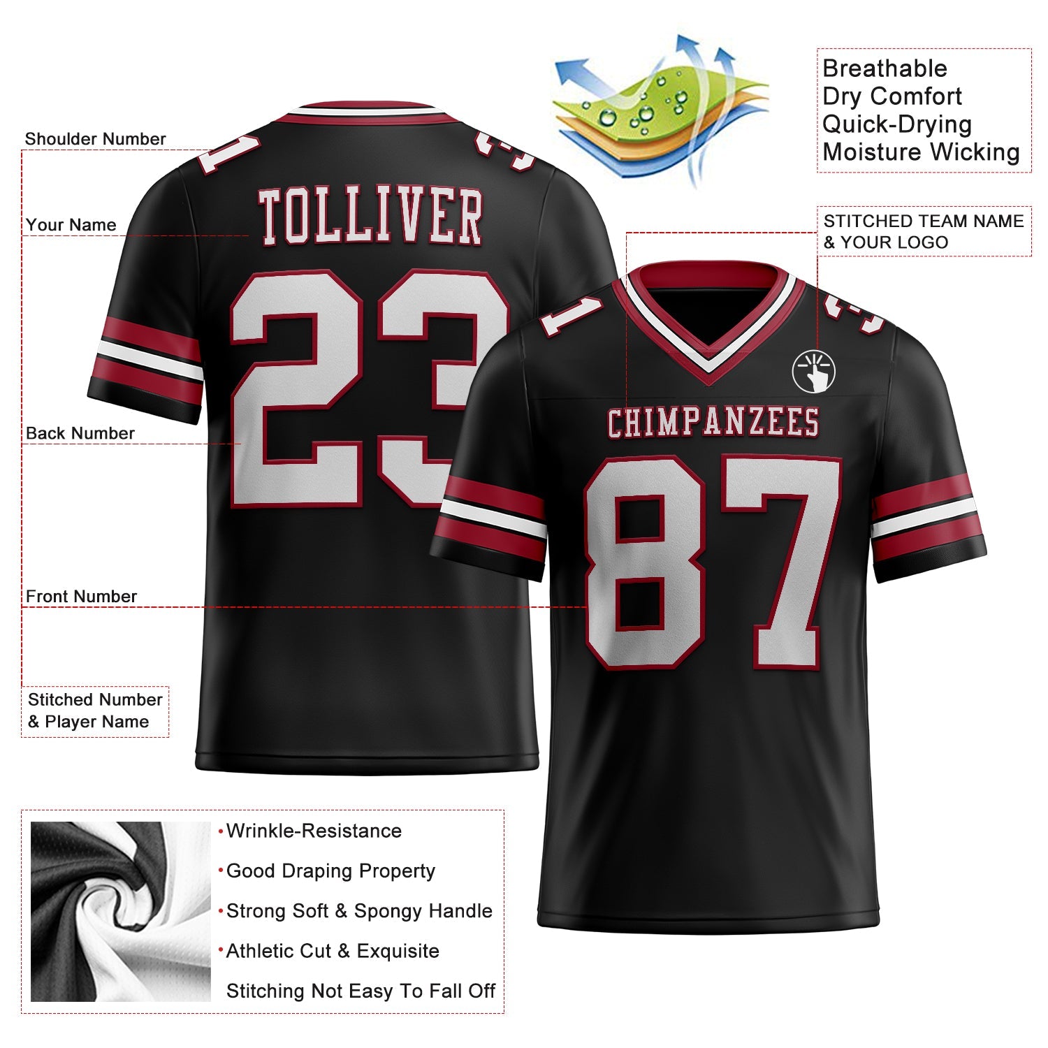 Custom Black White-Cardinal Authentic Football Jersey view 2