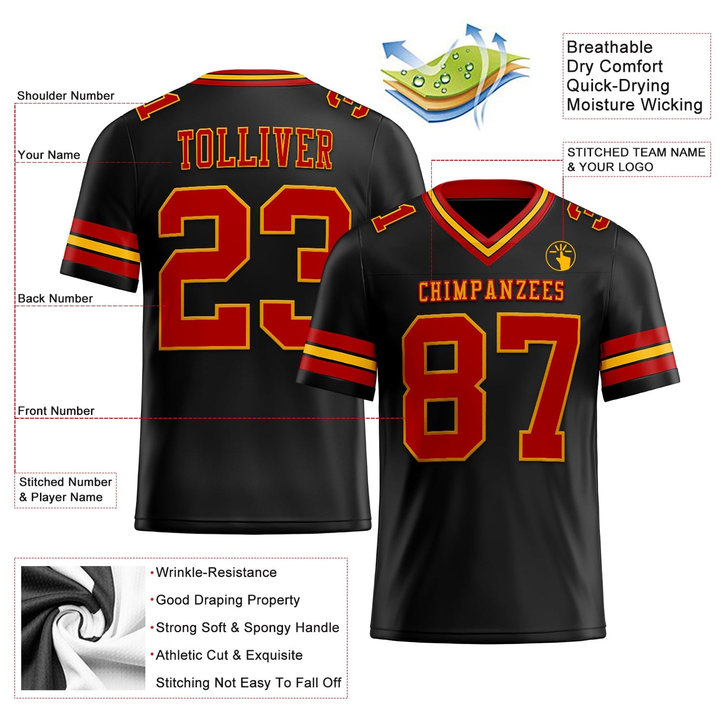 Custom Black Red-Gold Authentic Football Jersey view 3