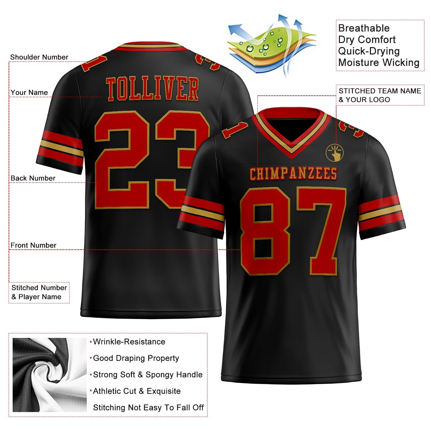 Custom Black Red-Old Gold Authentic Football Jersey view 2