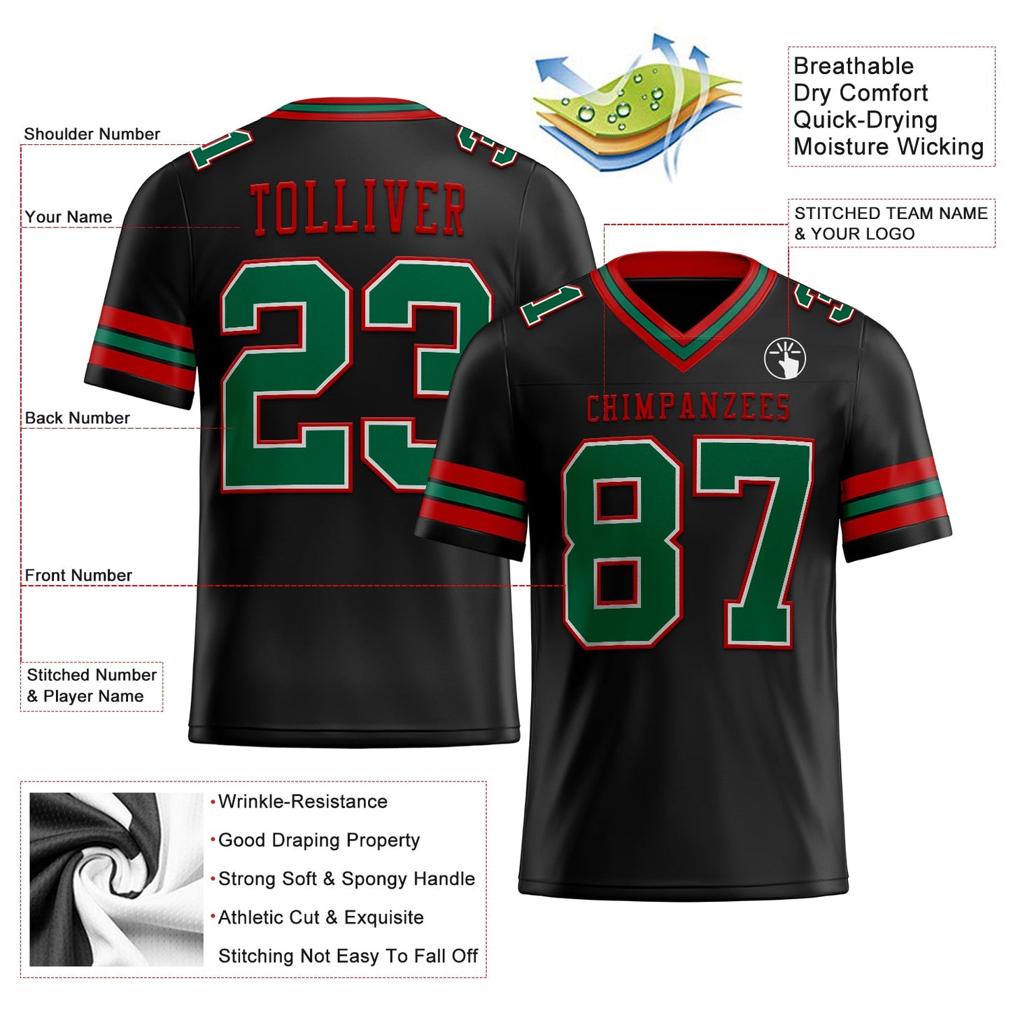 Custom Black Kelly Green-Red Authentic Football Jersey view 2