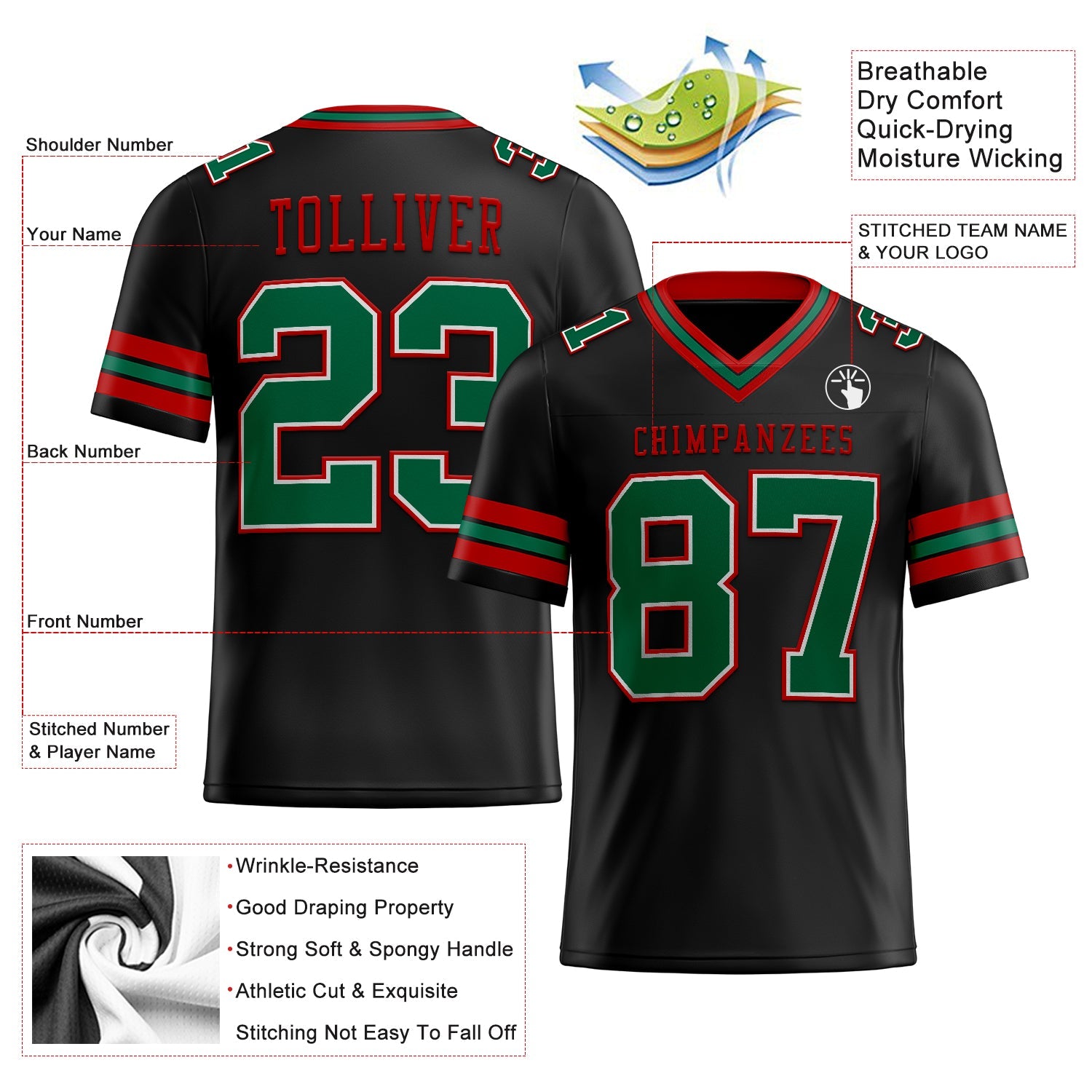 Custom Black Kelly Green-Red Authentic Football Jersey view 2