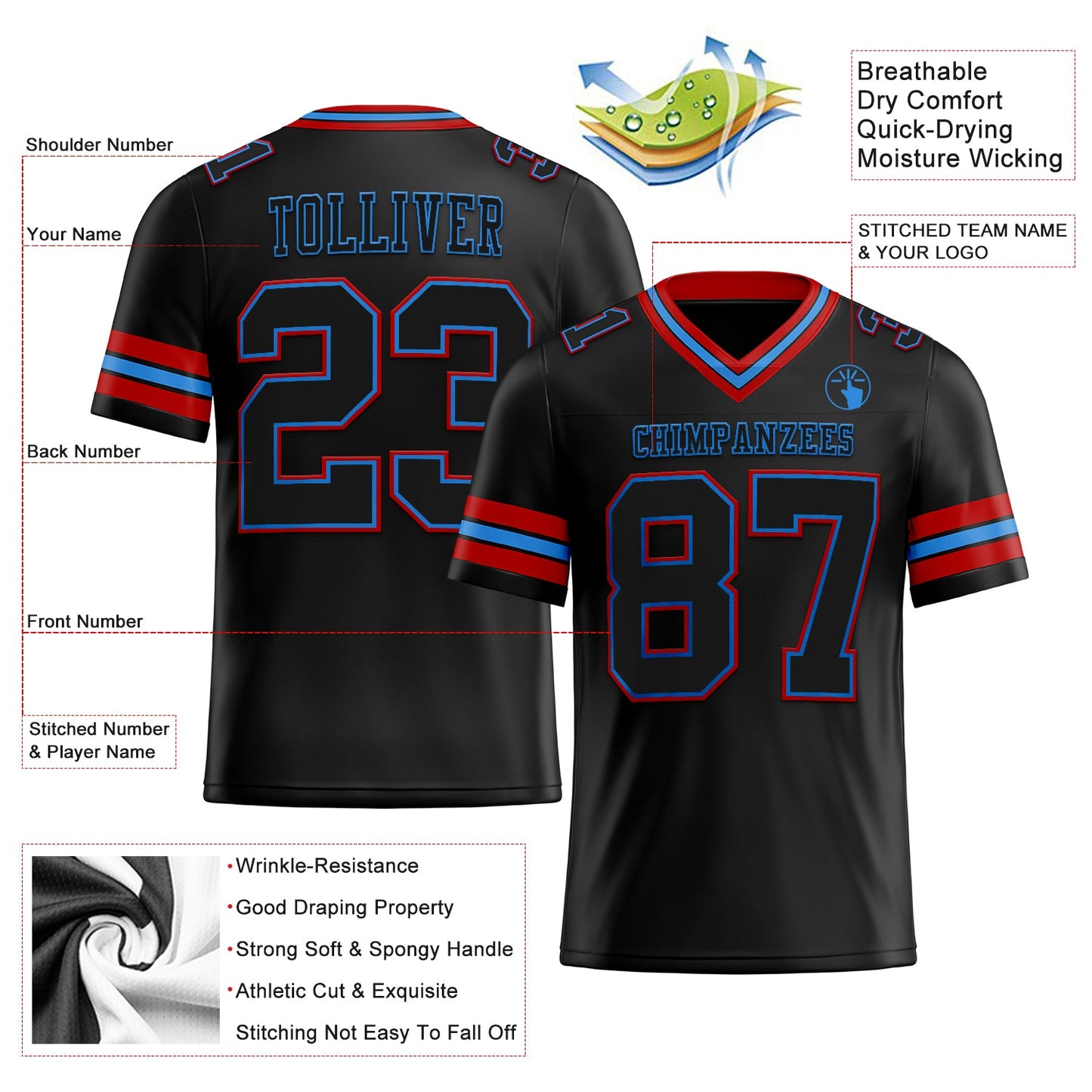 Custom Black Powder Blue-Red Authentic Football Jersey view 2
