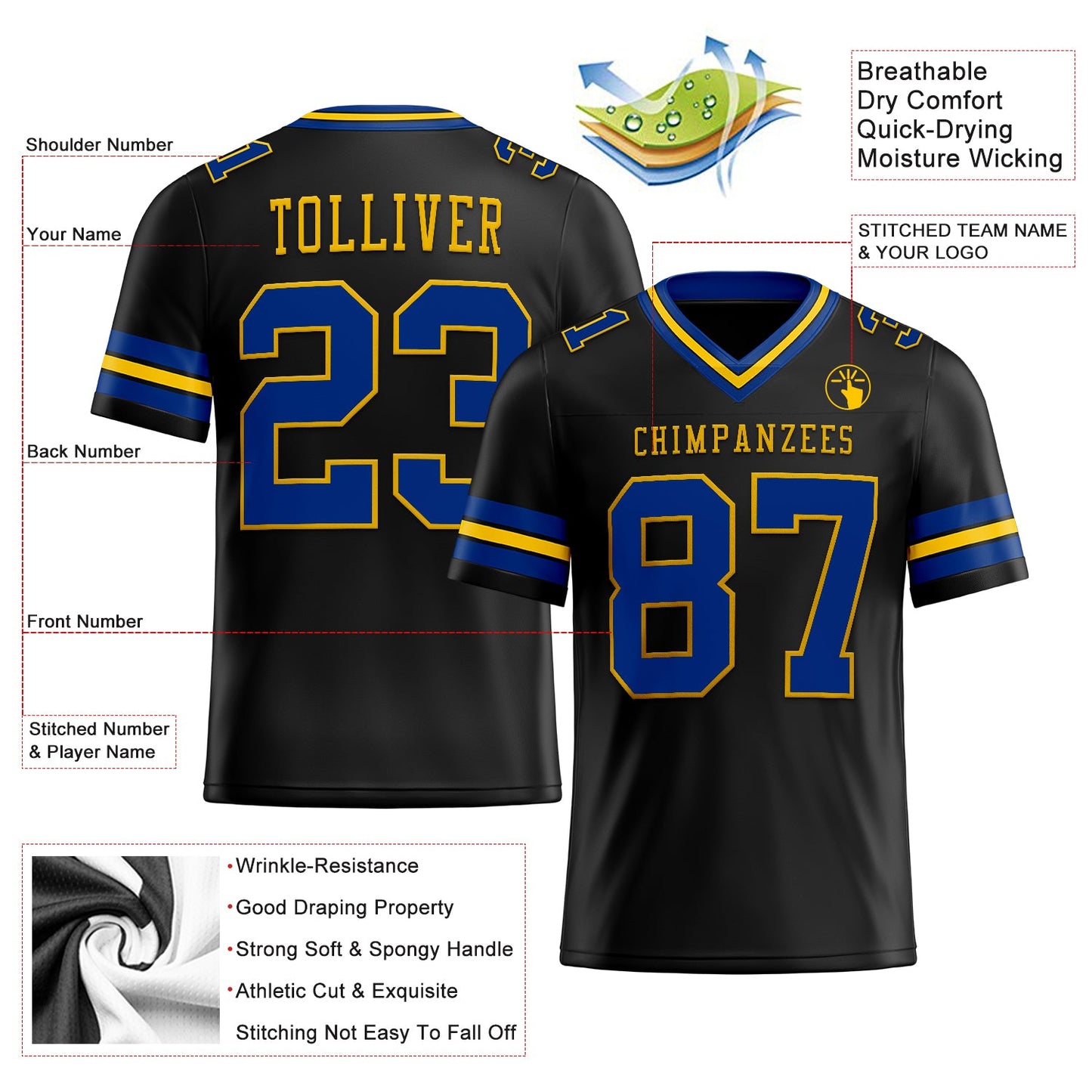 Custom Black Royal-Yellow Authentic Football Jersey view 2