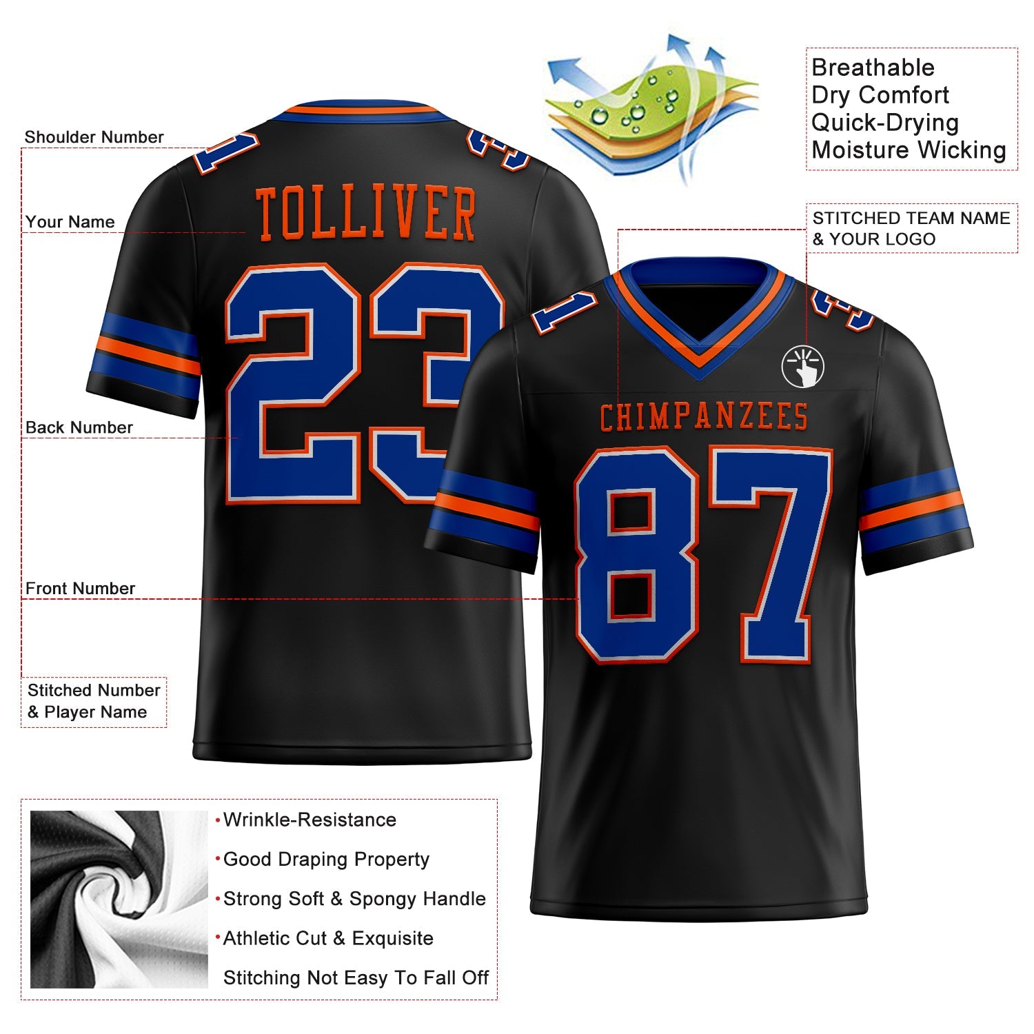 Custom Black Royal-Orange Authentic Football Jersey view 2