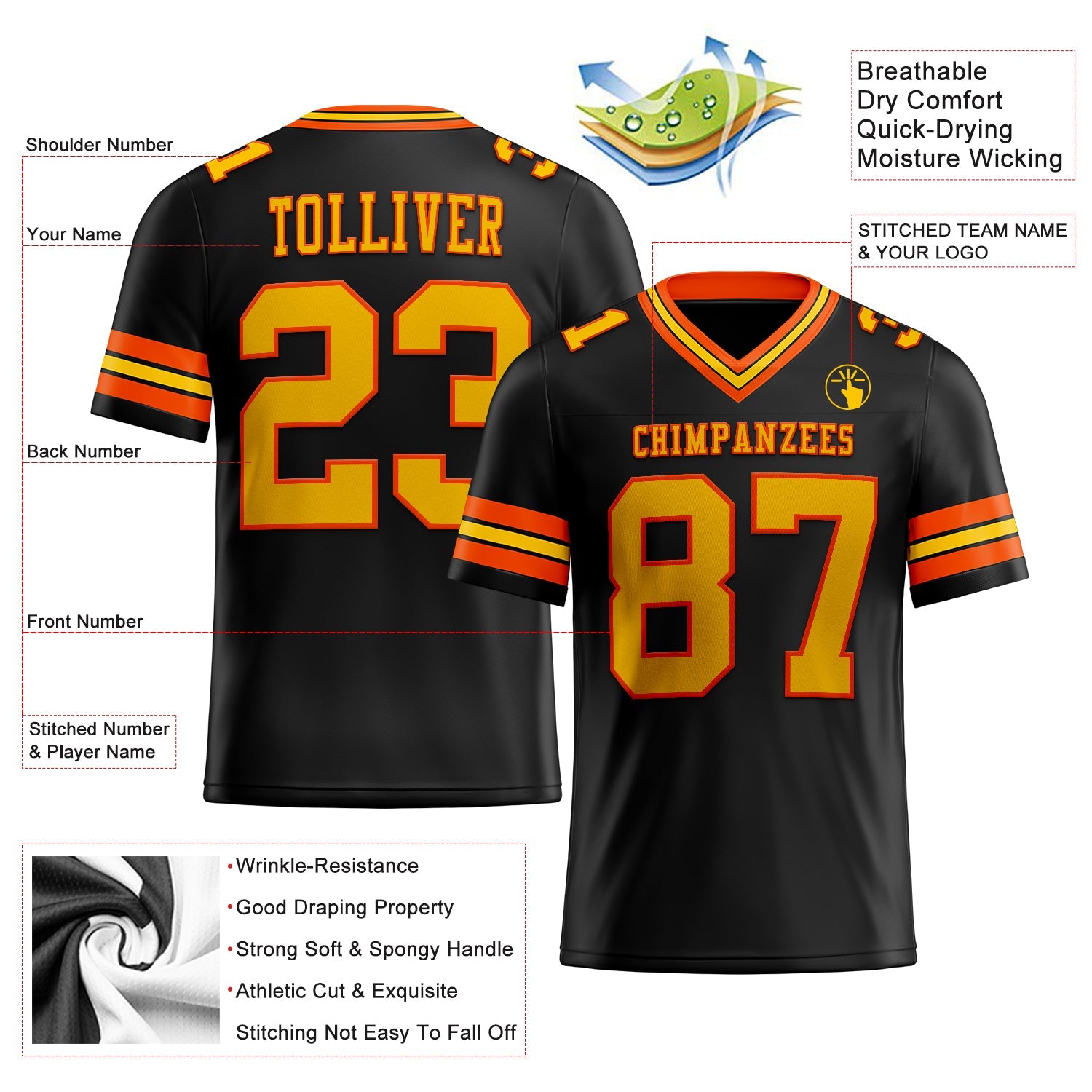 Custom Black Yellow-Orange Authentic Football Jersey view 2
