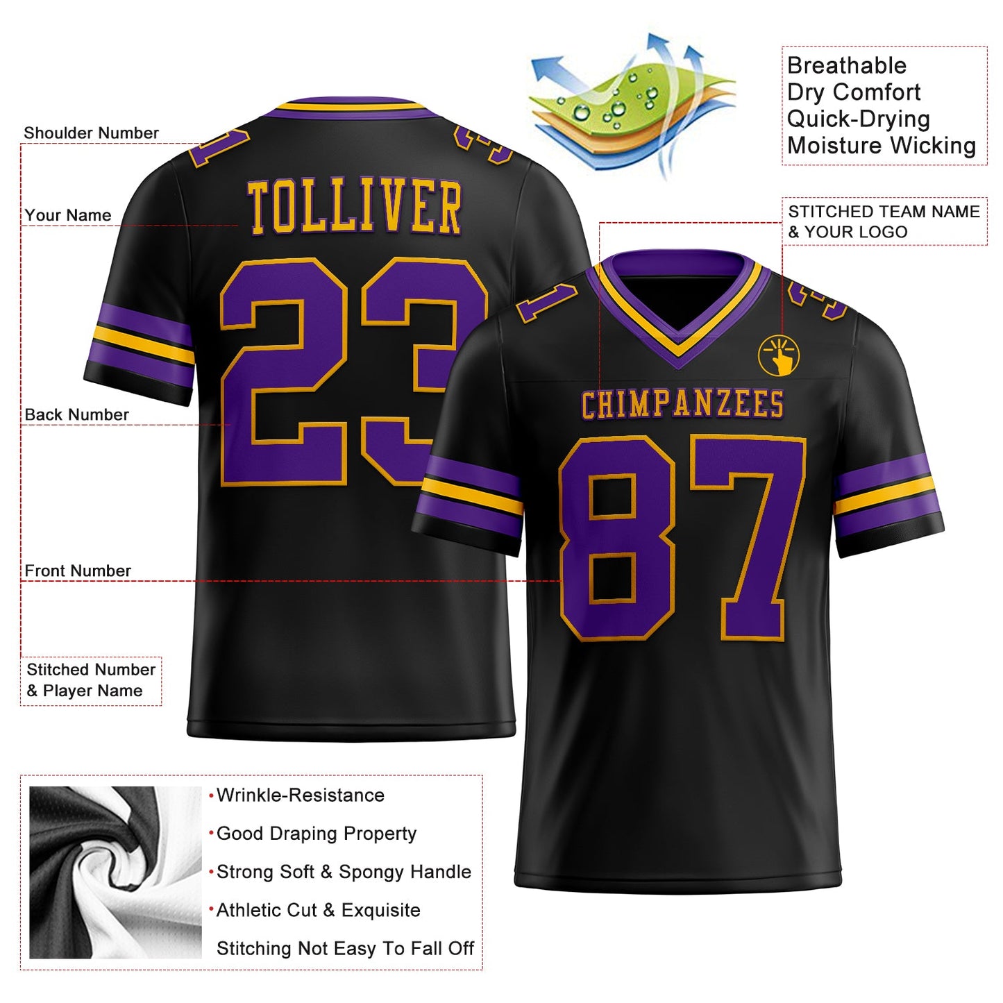 Custom Black Purple-Gold Authentic Football Jersey view 2