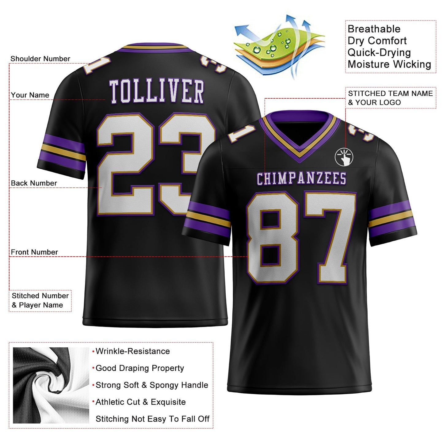 Custom Black White Old Gold-Purple Authentic Football Jersey view 2