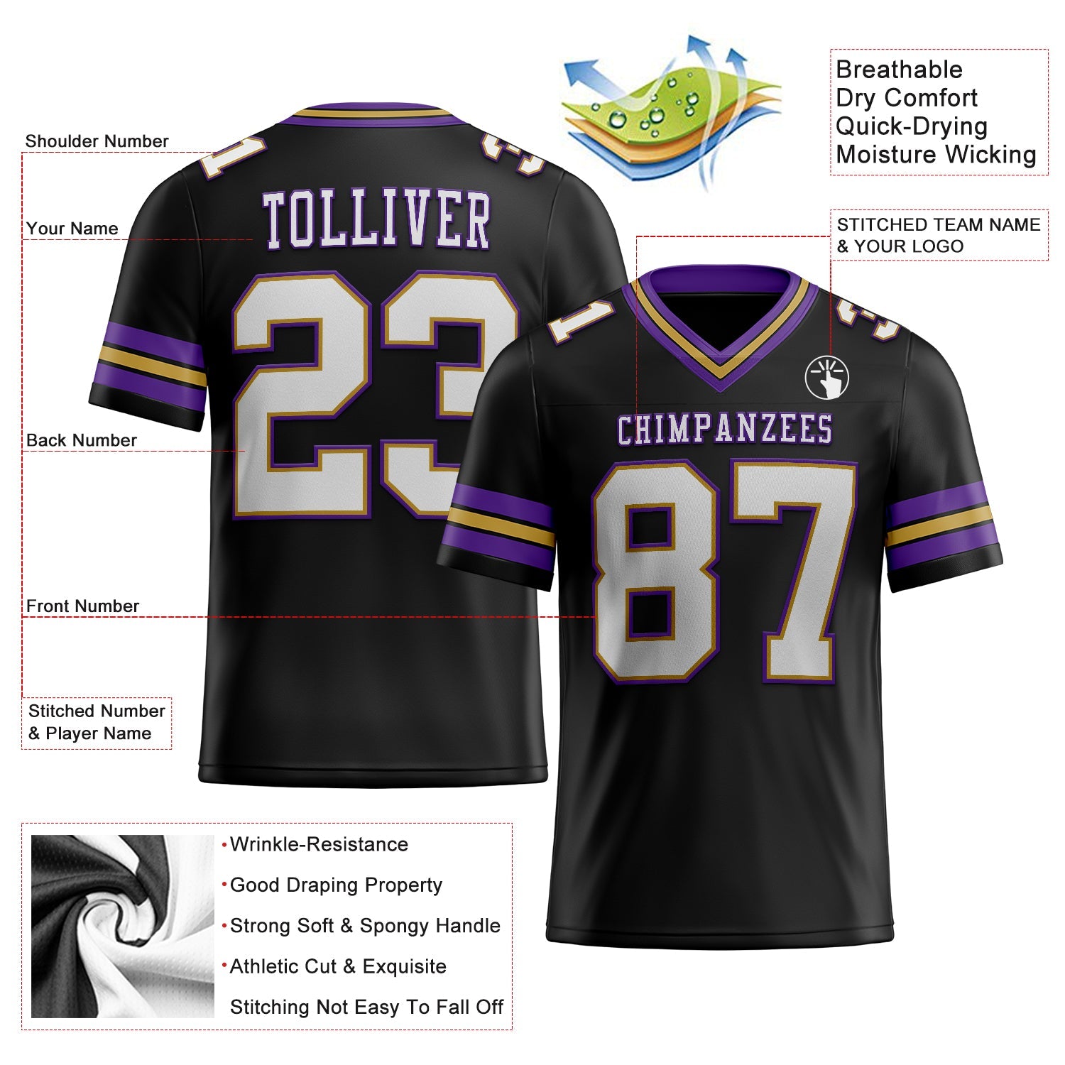 Custom Black White Old Gold-Purple Authentic Football Jersey view 2