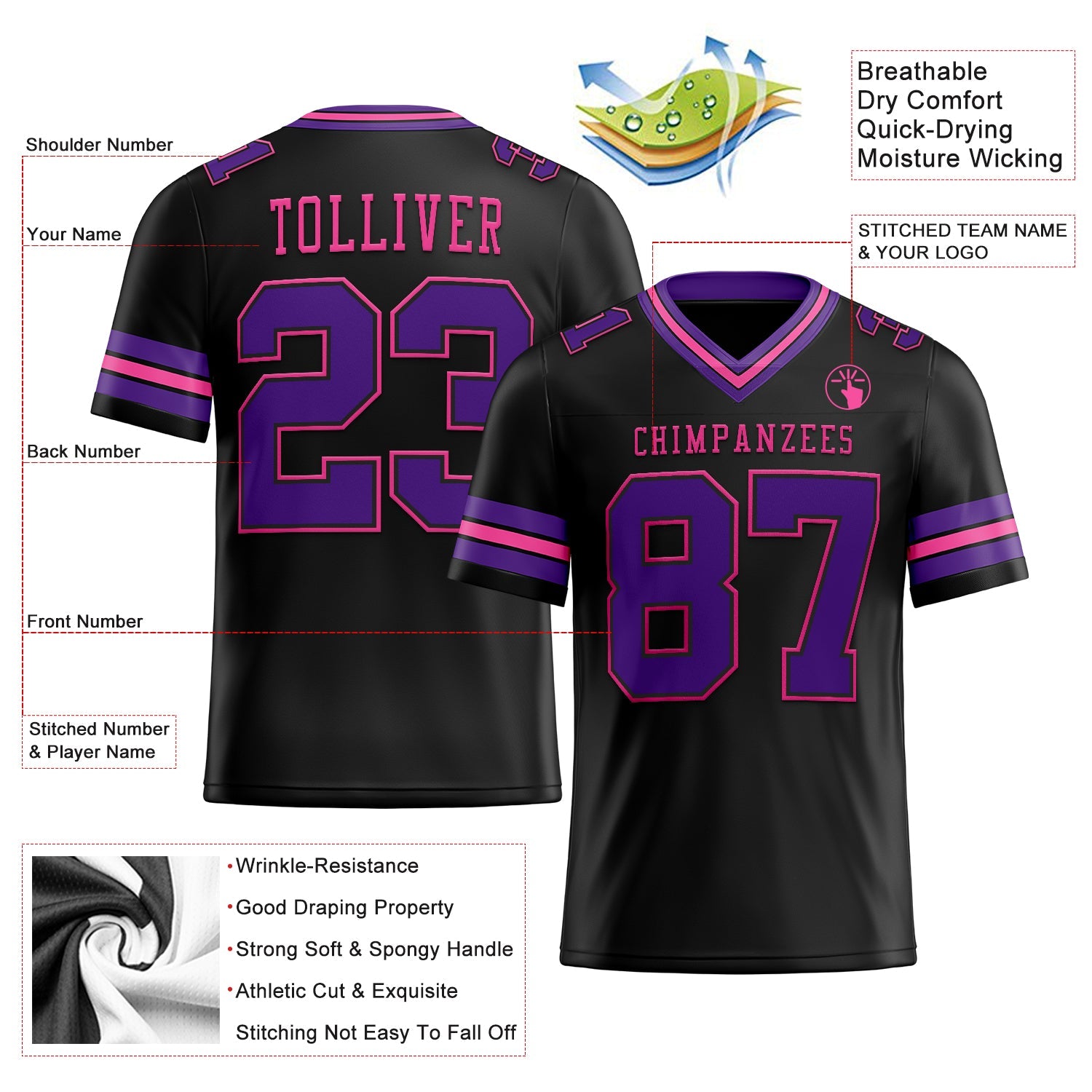 Custom Black Purple-Pink Authentic Football Jersey view 2