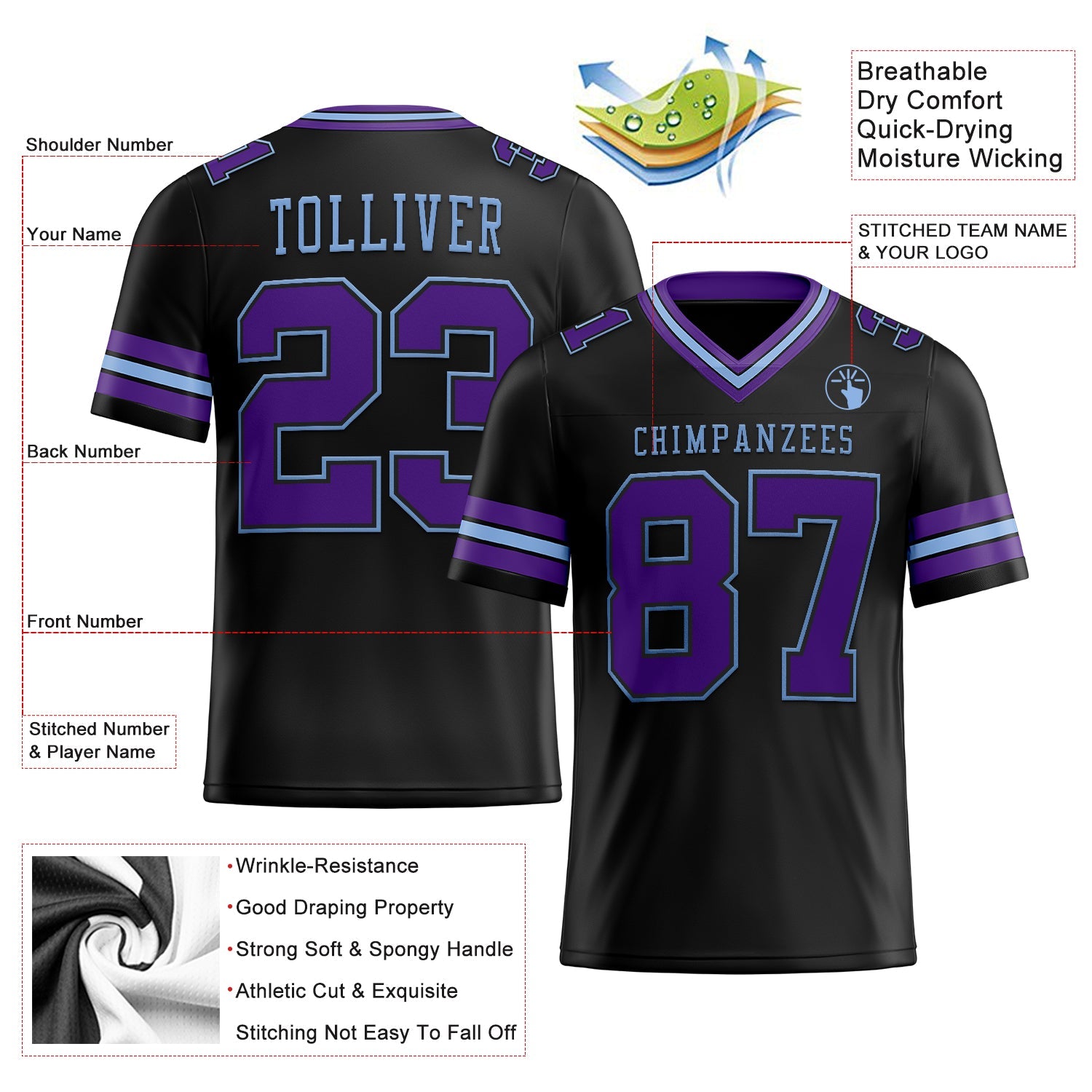 Custom Black Purple-Light Blue Authentic Football Jersey view 2